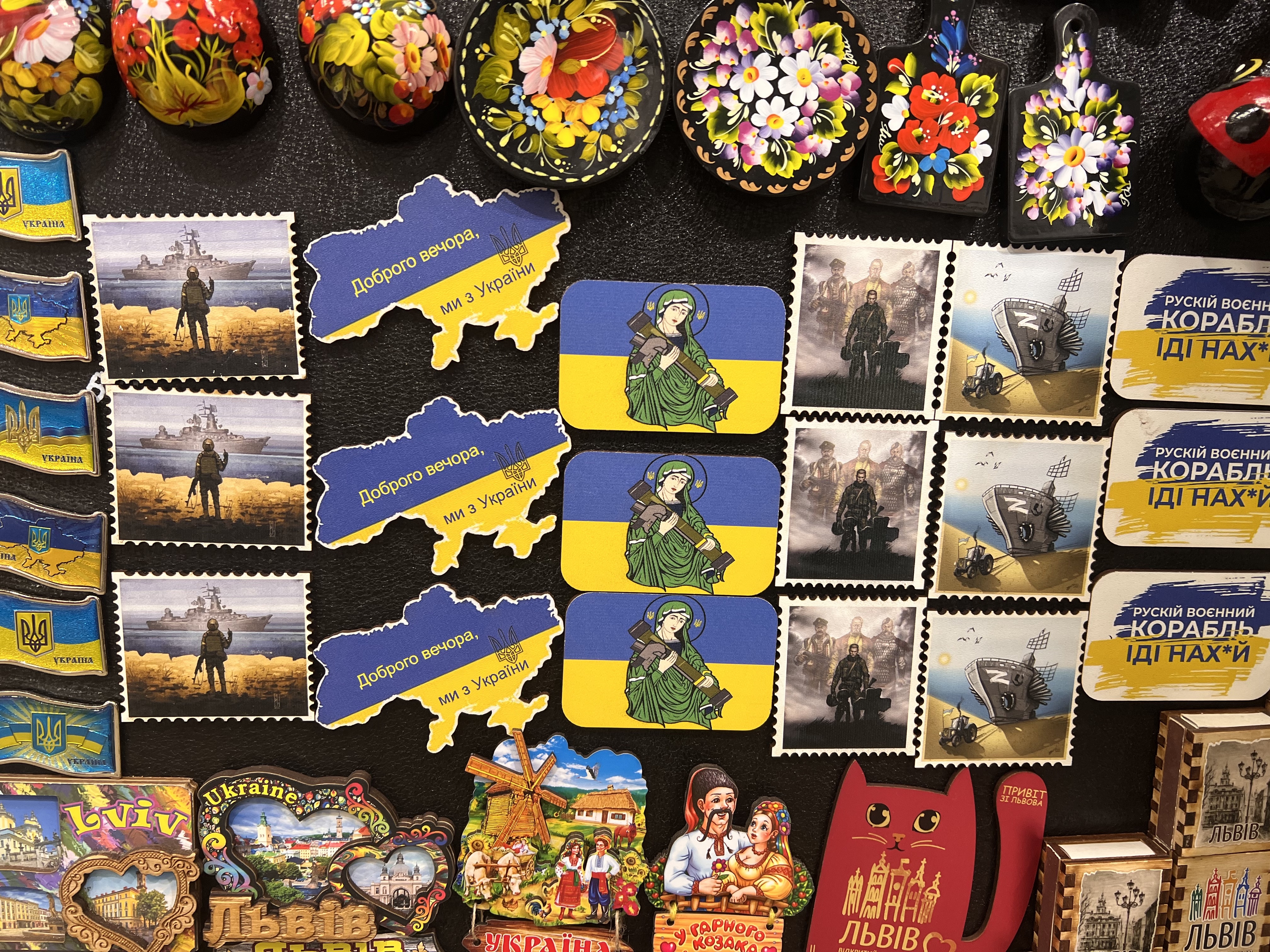 Magnets for sale in a Lviv tourist shop display Ukrainian pride. 