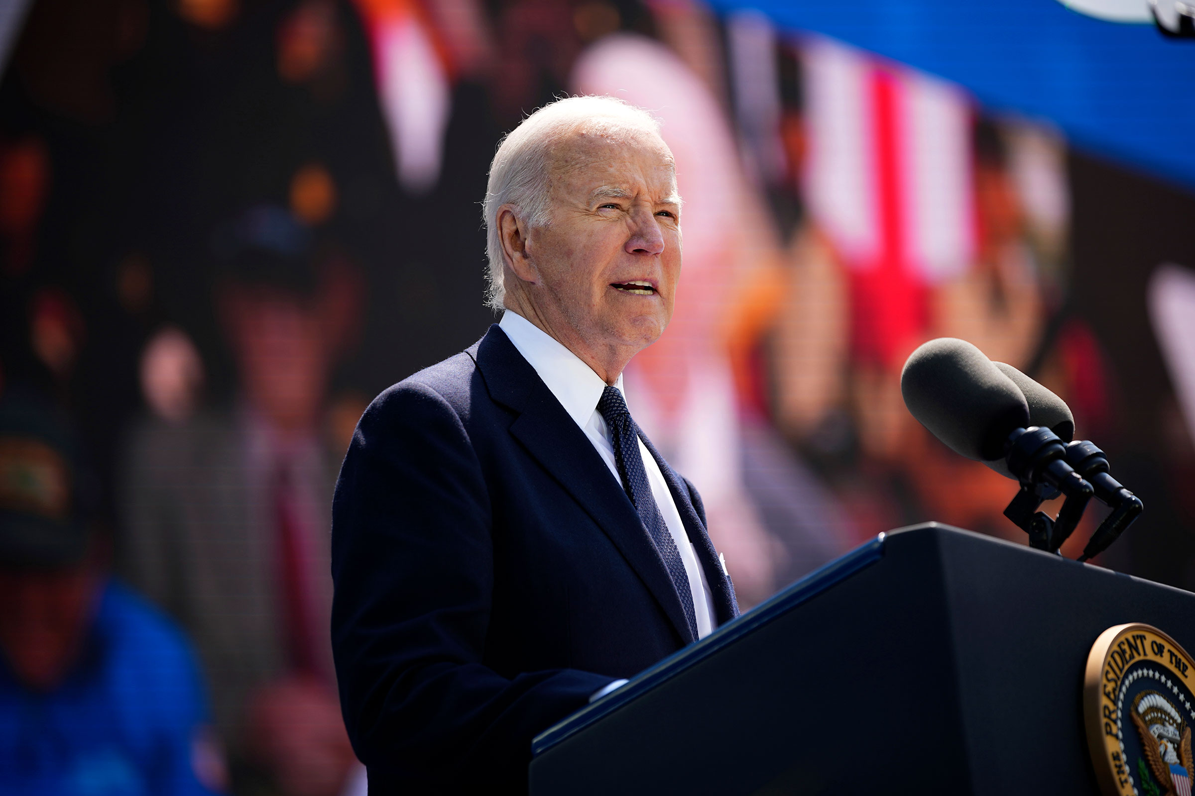 President Joe Biden delivers a speech during a commemorative ceremony to mark D-Day 80th anniversary on Thursday, June 6, at the US cemetery in Colleville-sur-Mer, Normandy. 