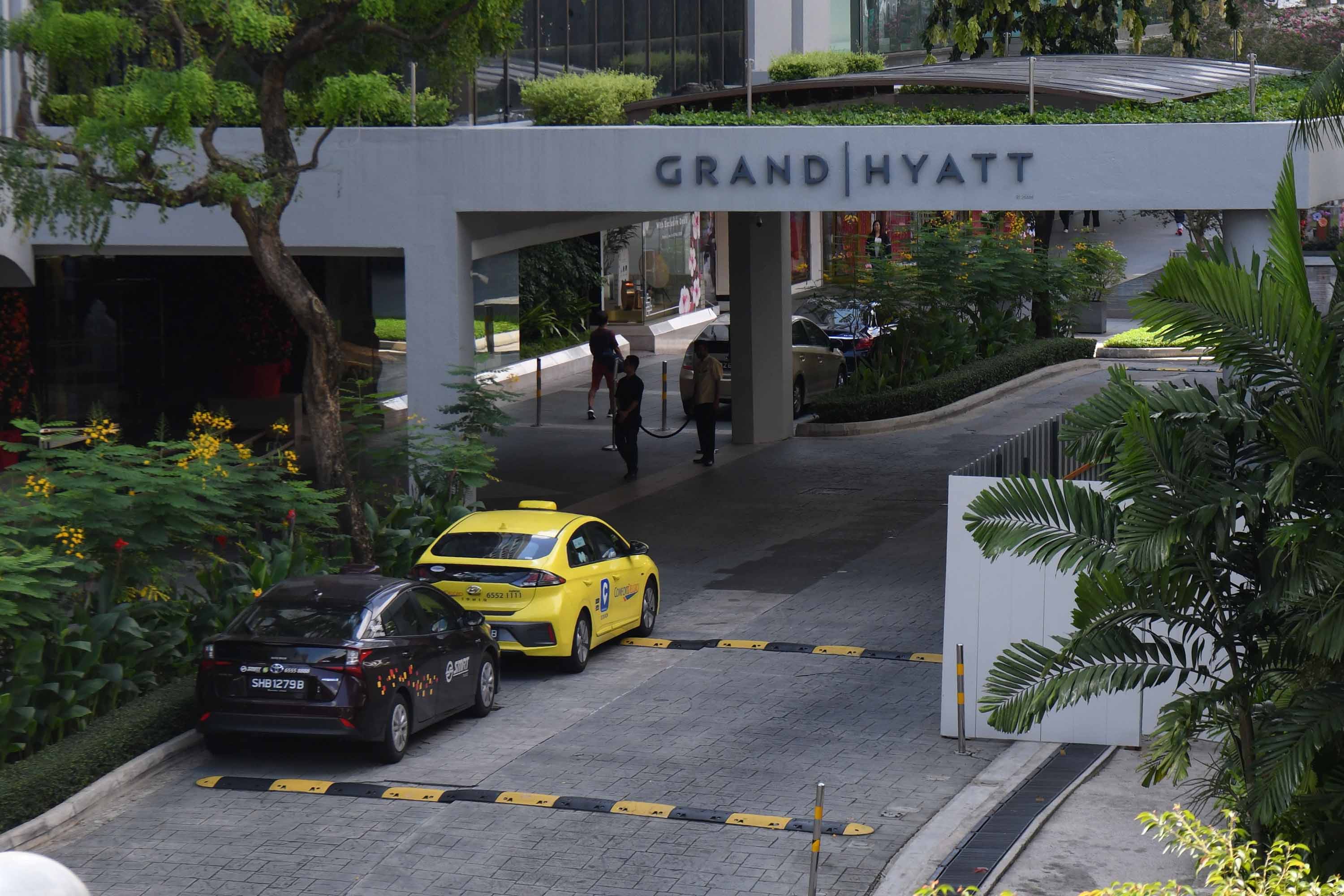 A general view on February 6 shows the entrance to the Grand Hyatt Singapore hotel, the scene of a business meeting that has been linked to several novel coronavirus cases.