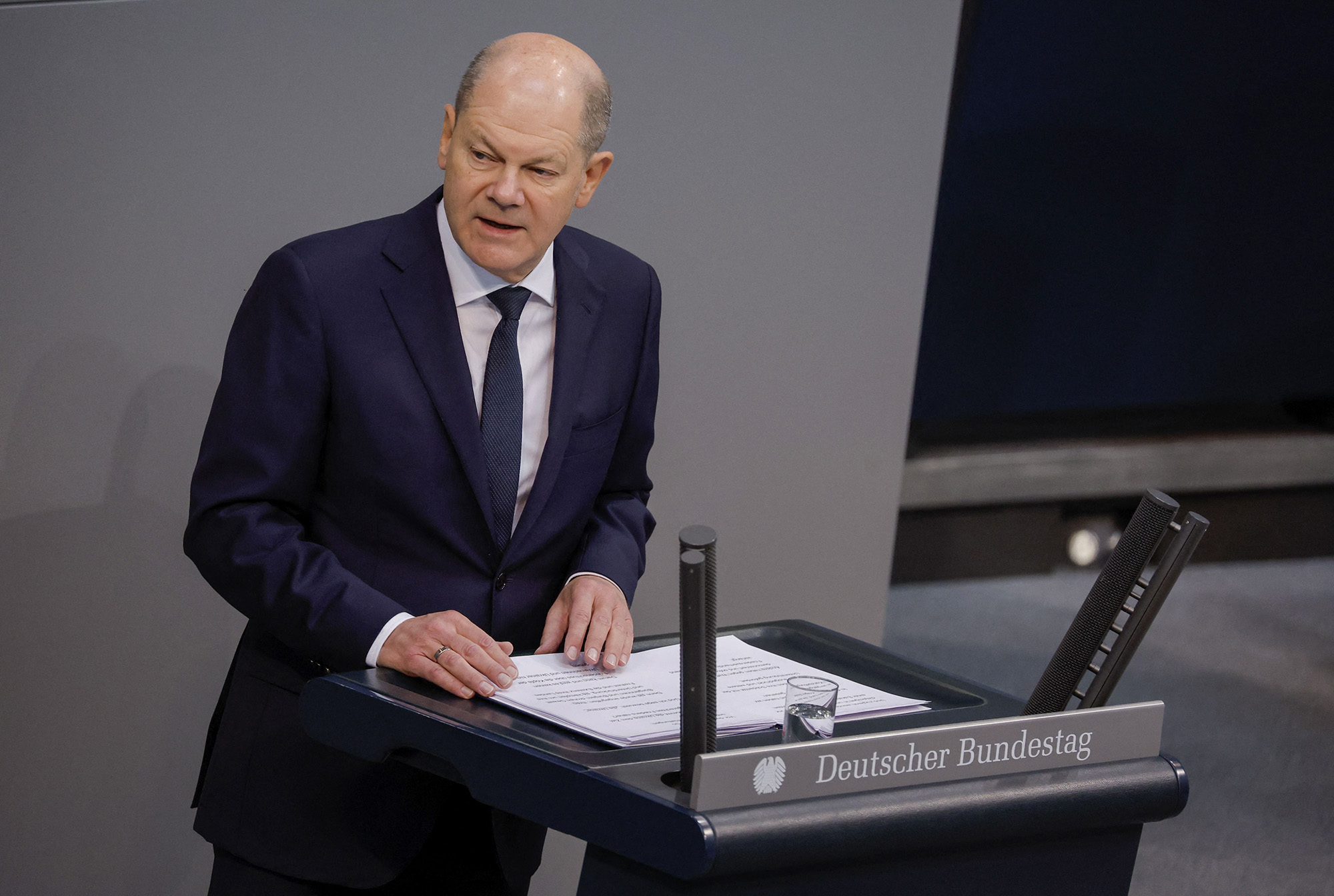 German Chancellor Olaf Scholz addresses the Bundestag in Berlin, Germany, on March 2