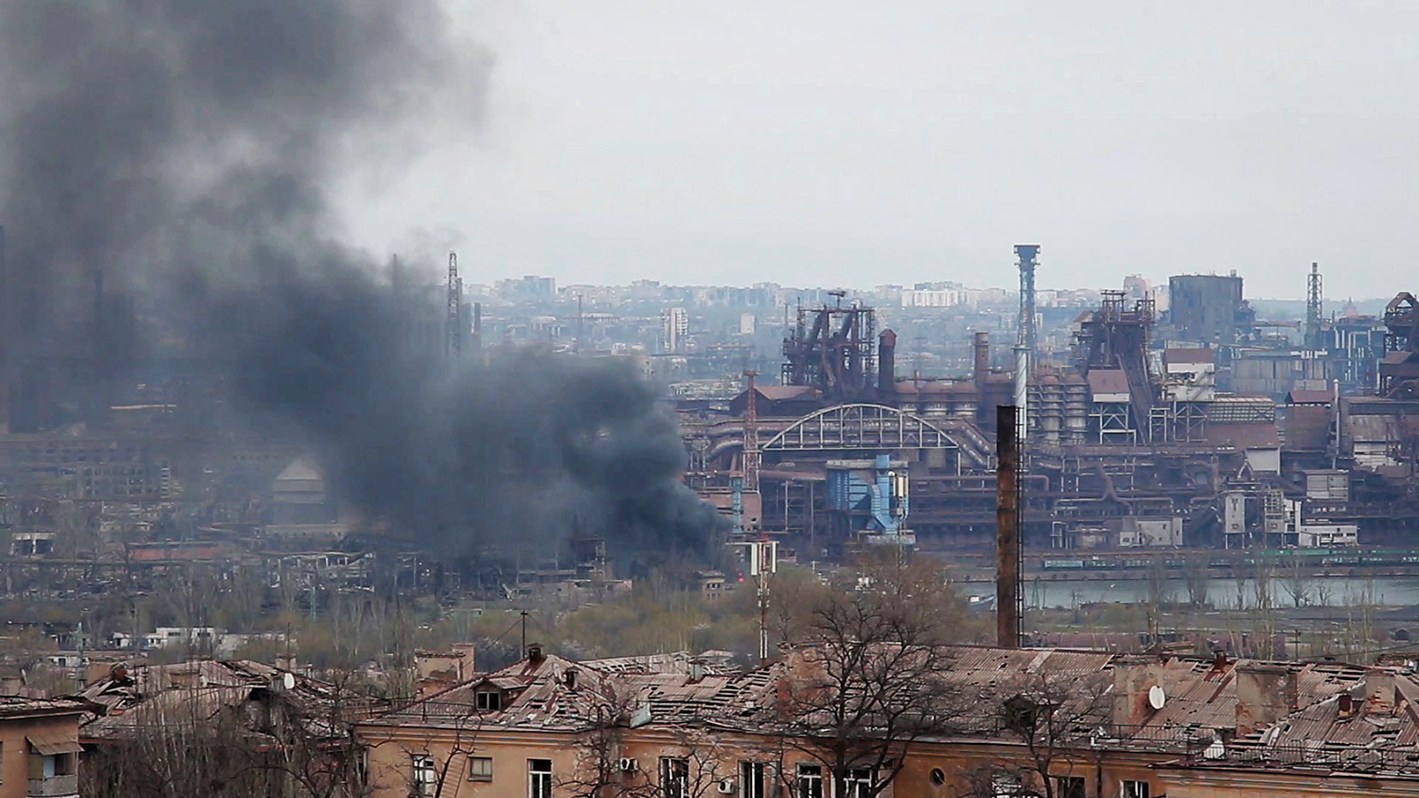 In this photo taken from video, smoke rises from the Metallurgical Combine Azovstal in Mariupol, Ukraine, on Tuesday, May 3.