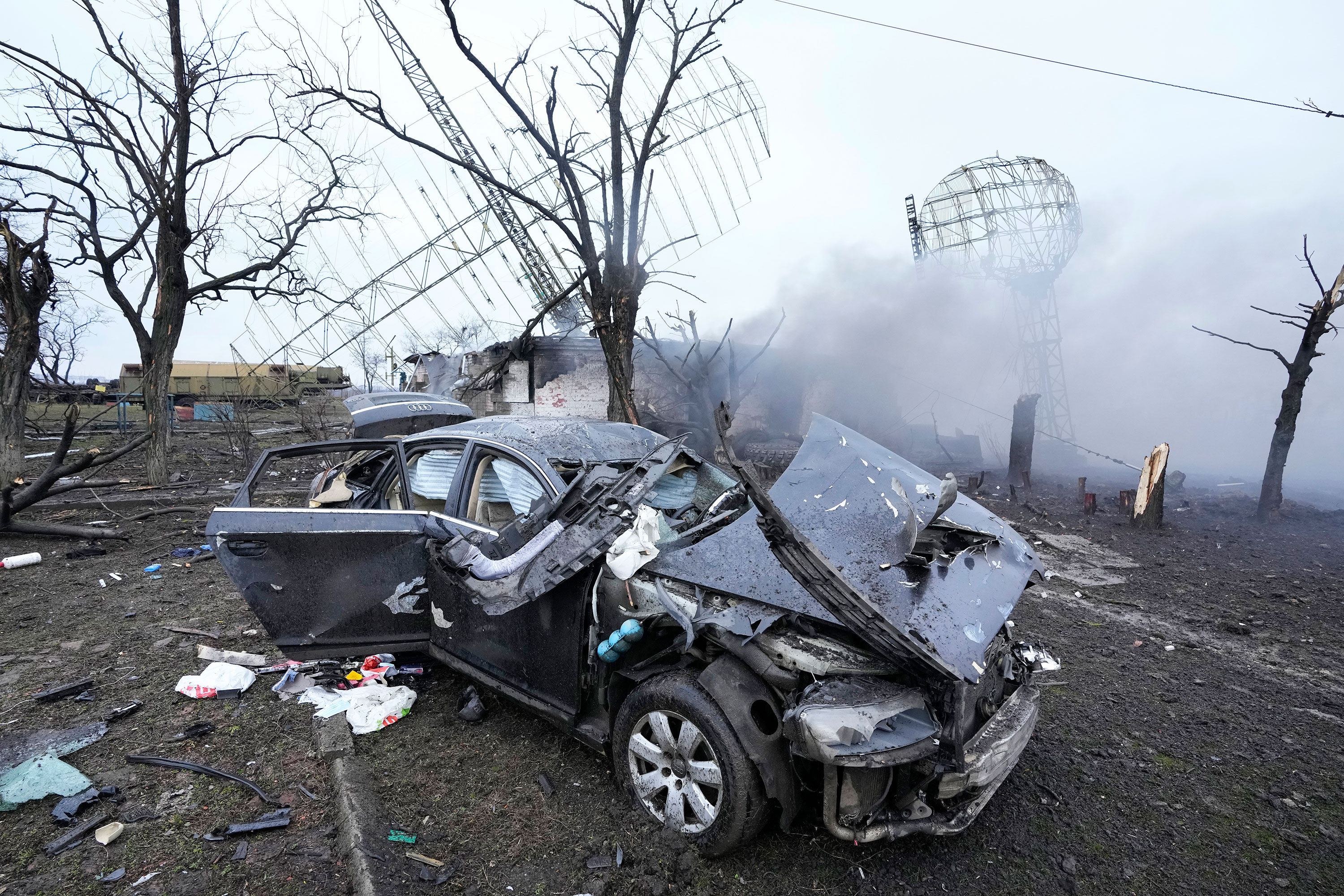Destruction is seen at a Ukrainian military facility outside Mariupol, Ukraine, on February 24.