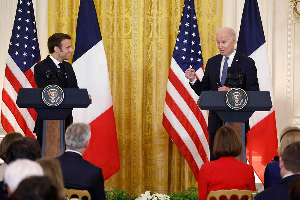 Biden and Macron hold a joint press conference at the White House in Washington, DC, on Thursday, December 1.