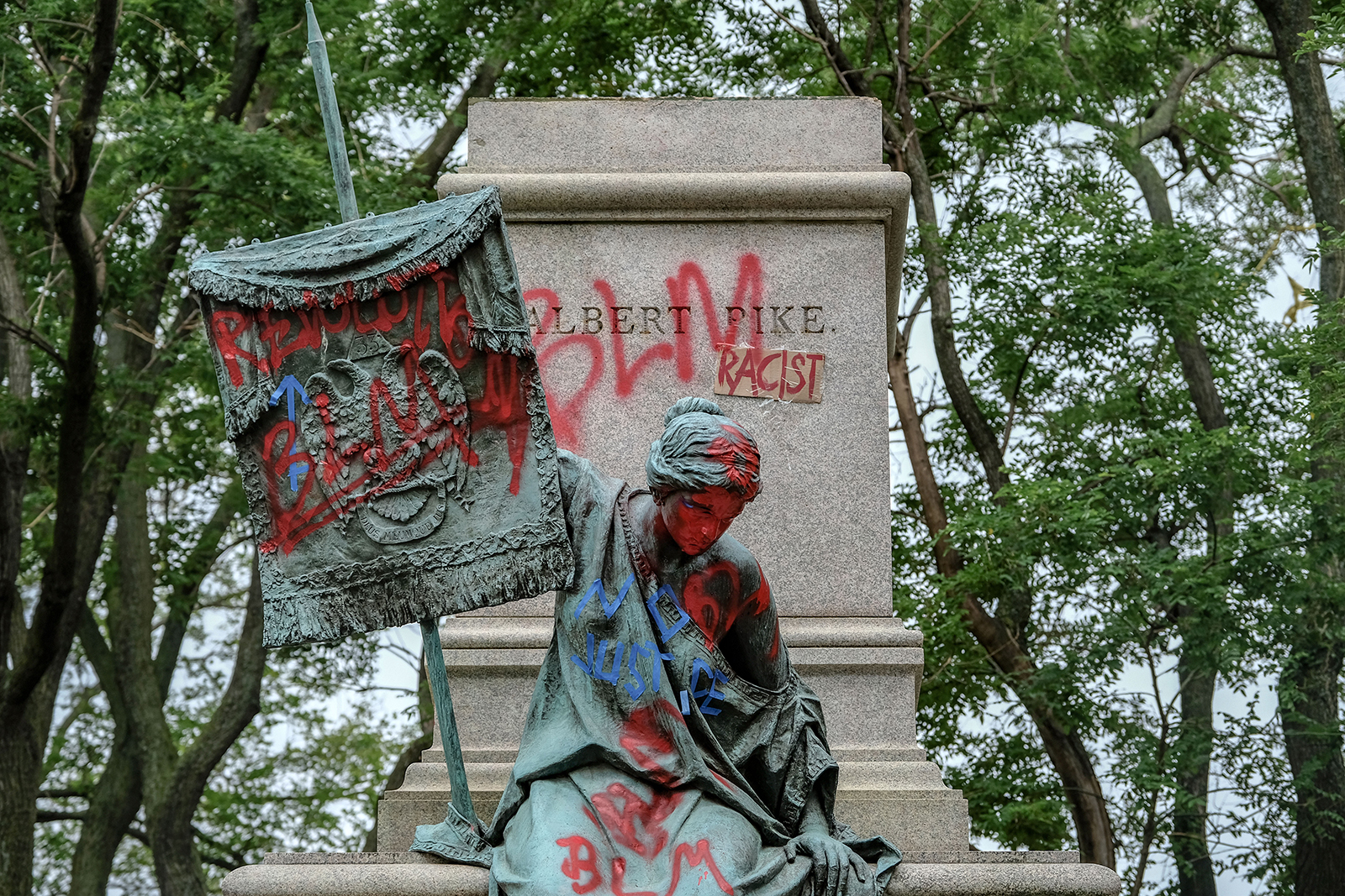 The pedestal where the statue of Confederate general Albert Pike remains empty after it was toppled by protesters at Judiciary square in Washington, DC on June 20.