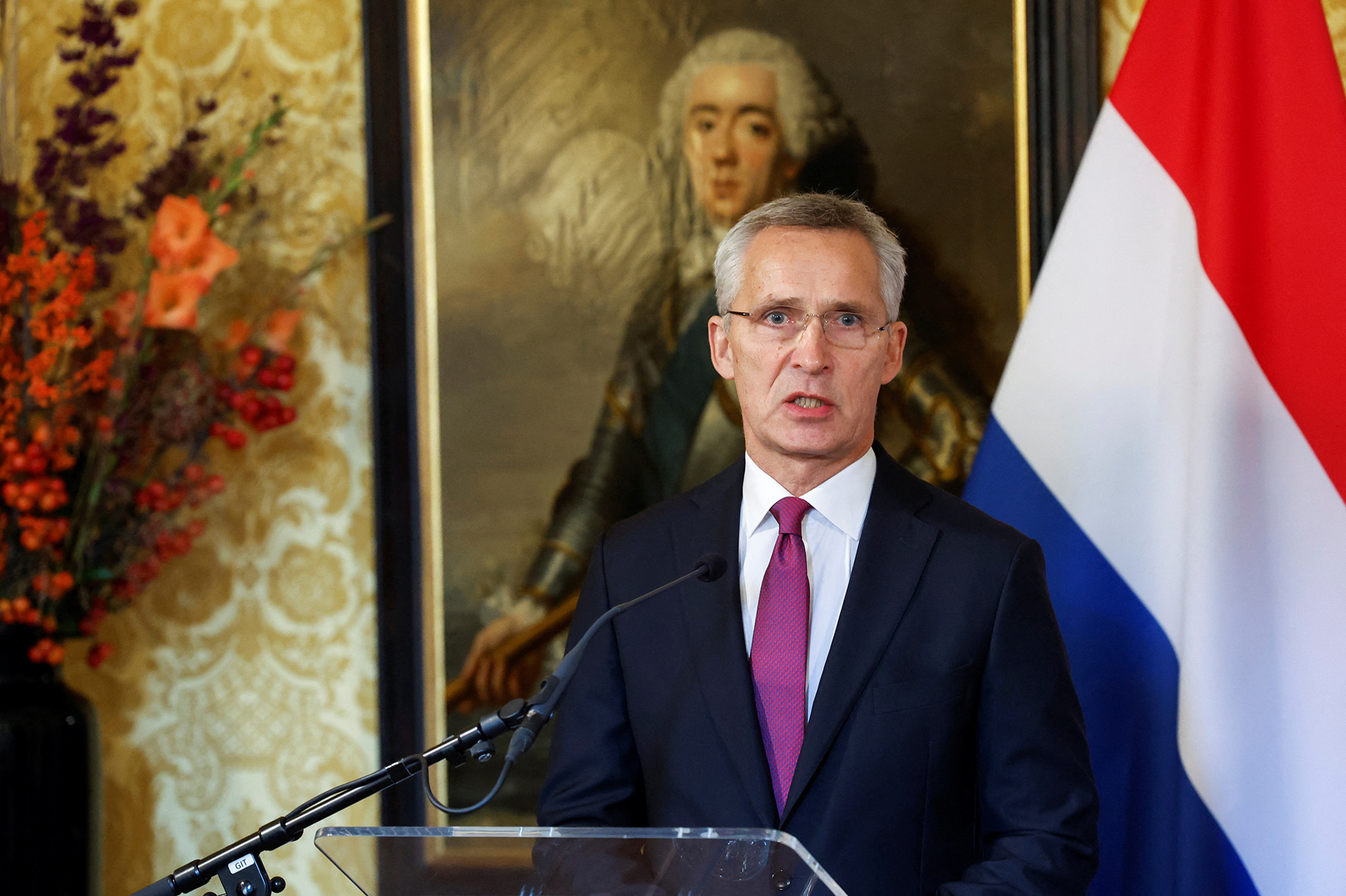 NATO Secretary General Jens Stoltenberg speaks during a joint news conference in The Hague, Netherlands, on November 14.