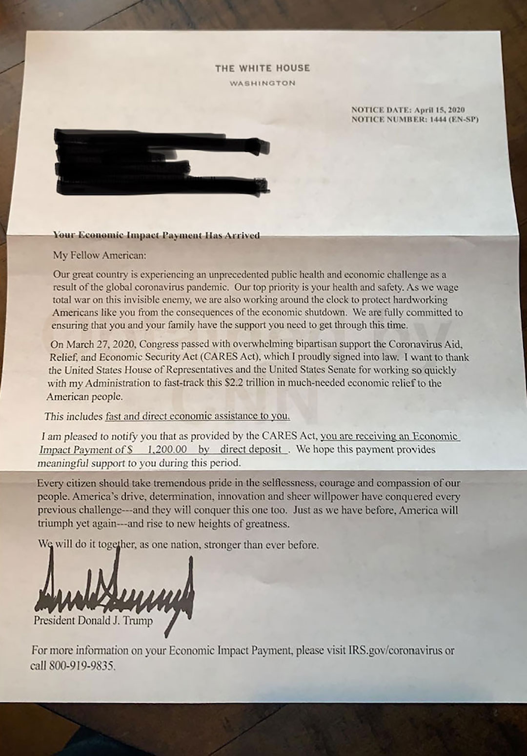 A letter from President Donald Trump to citizens about the stimulus payments. 