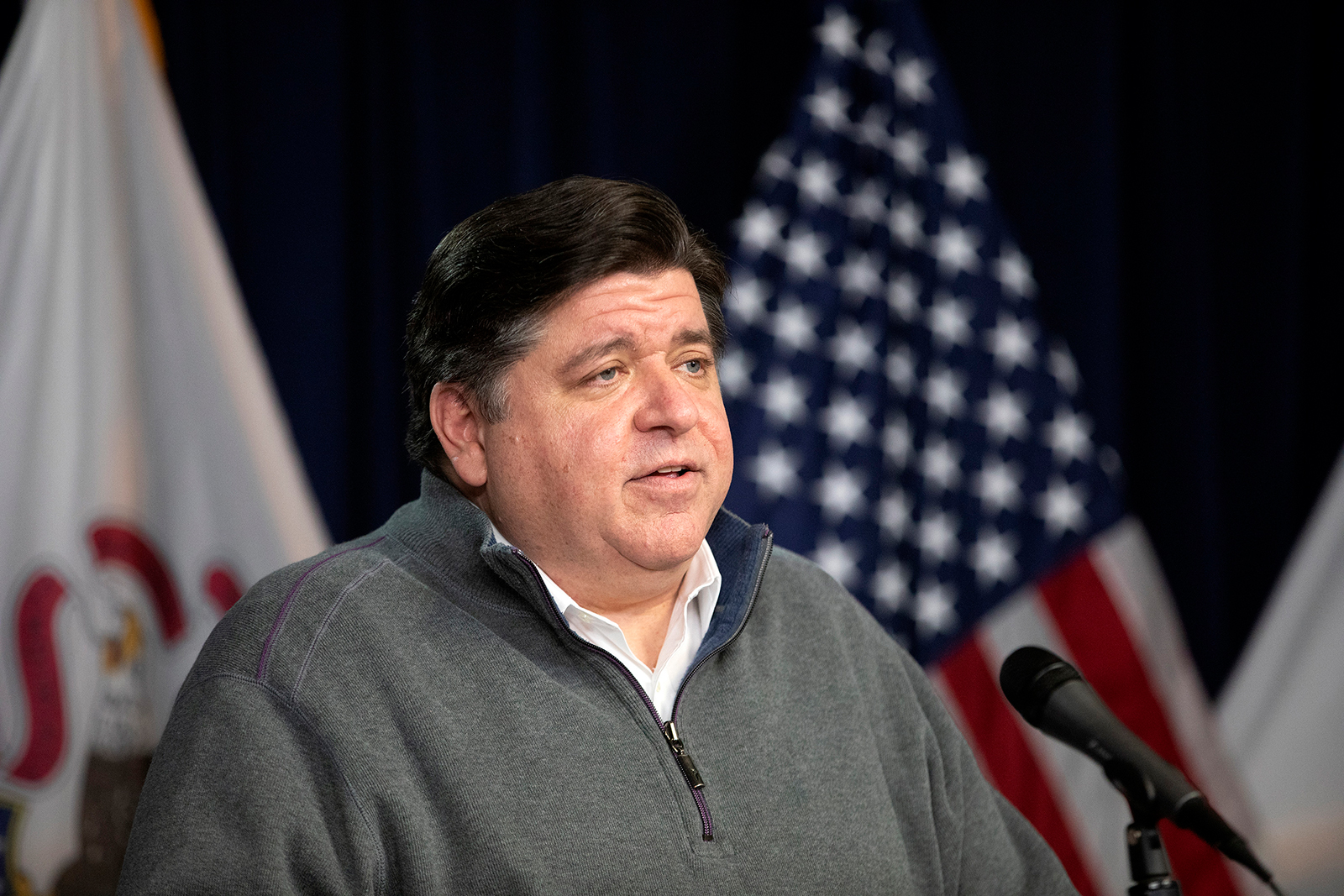 Illinois Gov. J.B. Pritzker speaks during the daily press briefing regarding the coronavirus pandemic at the James R. Thompson Center in Chicago on Sunday, May 3.