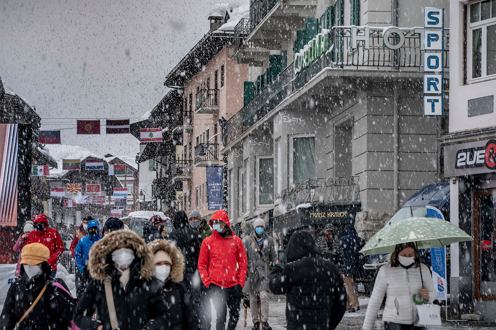 Snow falls in Cortina d'Ampezzo, Italy in February 2021.
