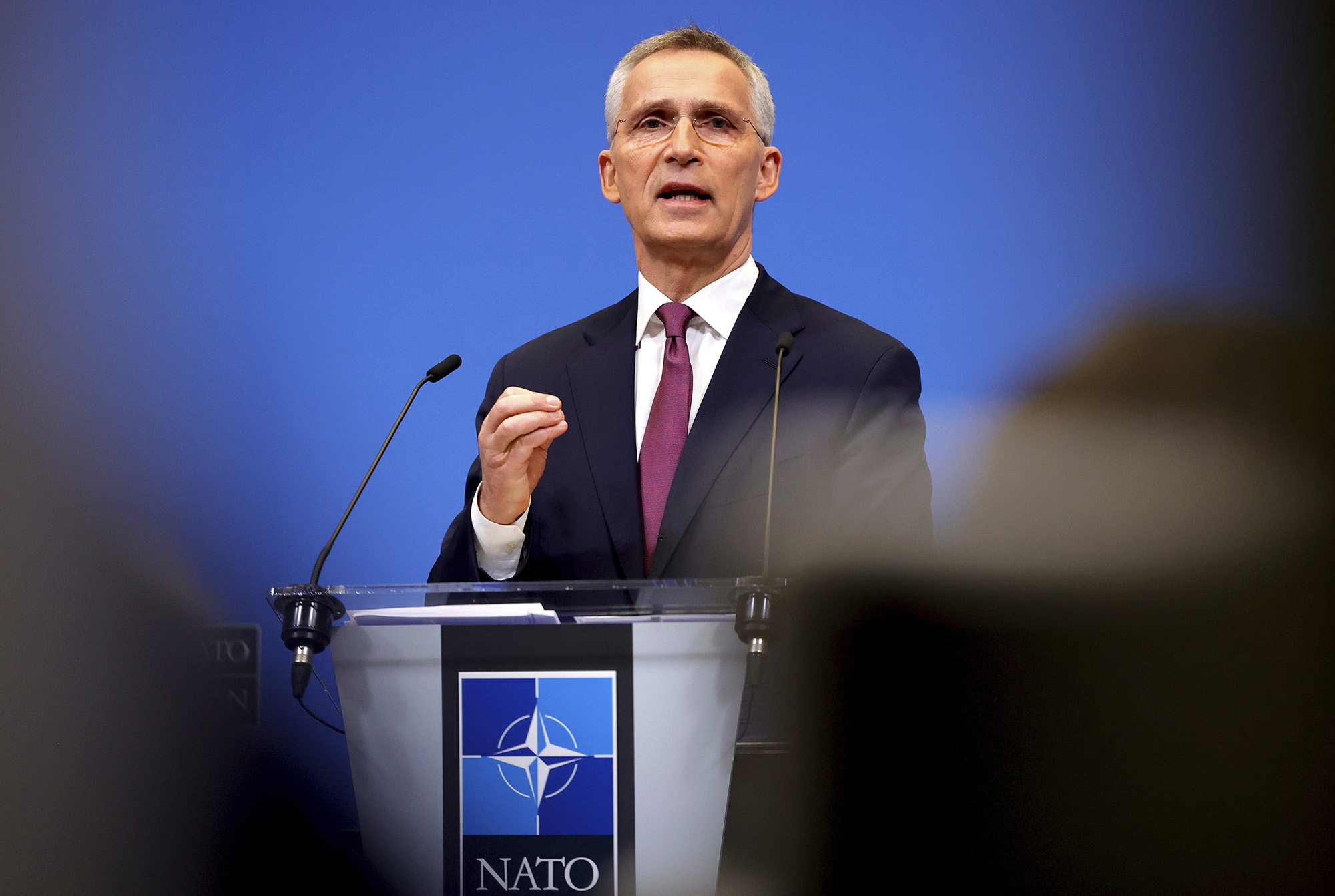 NATO Secretary General Jens Stoltenberg speaks during a media conference at NATO headquarters in Brussels, Belgium, on March 23.