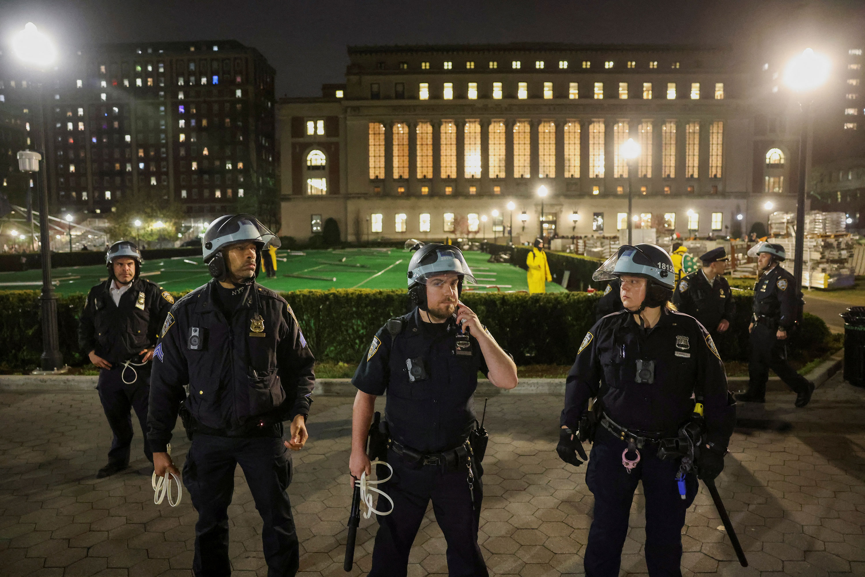 Police stand guard on campus at Columbia University.