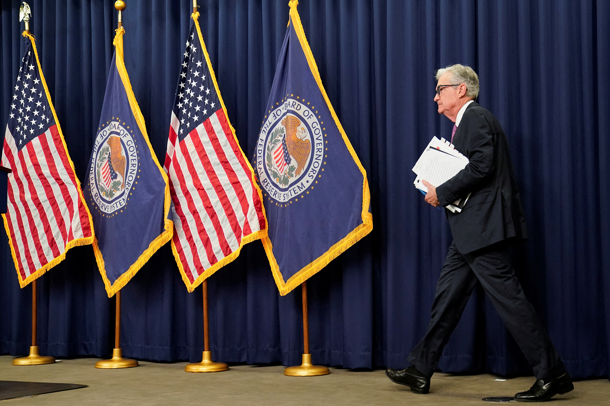Federal Reserve Board Chairman Jerome Powell arriving at the news conference earlier today in Washington, DC.