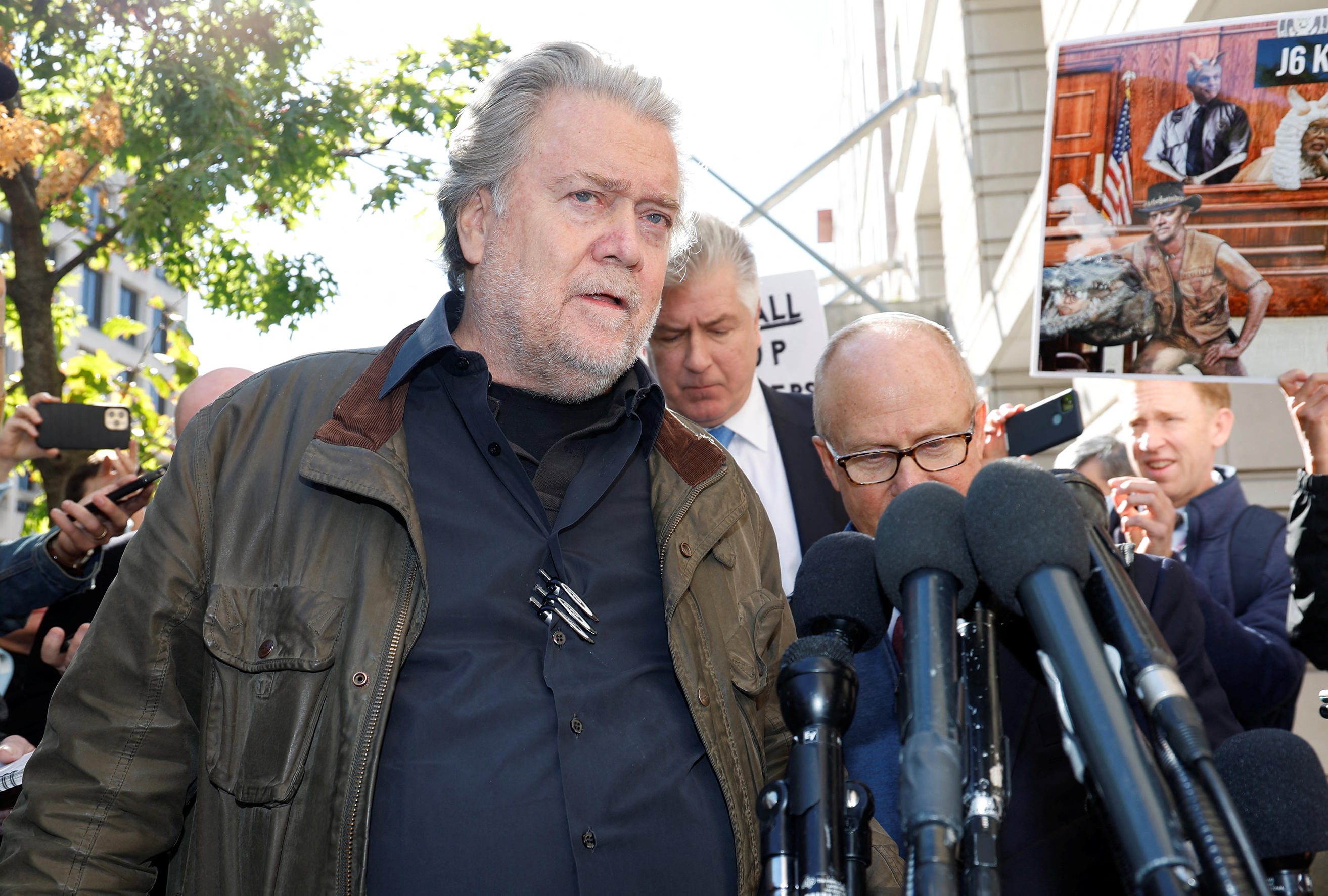 Steve Bannon who was found guilty of contempt of Congress charges in July for refusing a subpoena about the January 6th attack on the U.S. Capitol speaks to reporters after his sentencing hearing at U.S. District Court in Washington, on October 21.