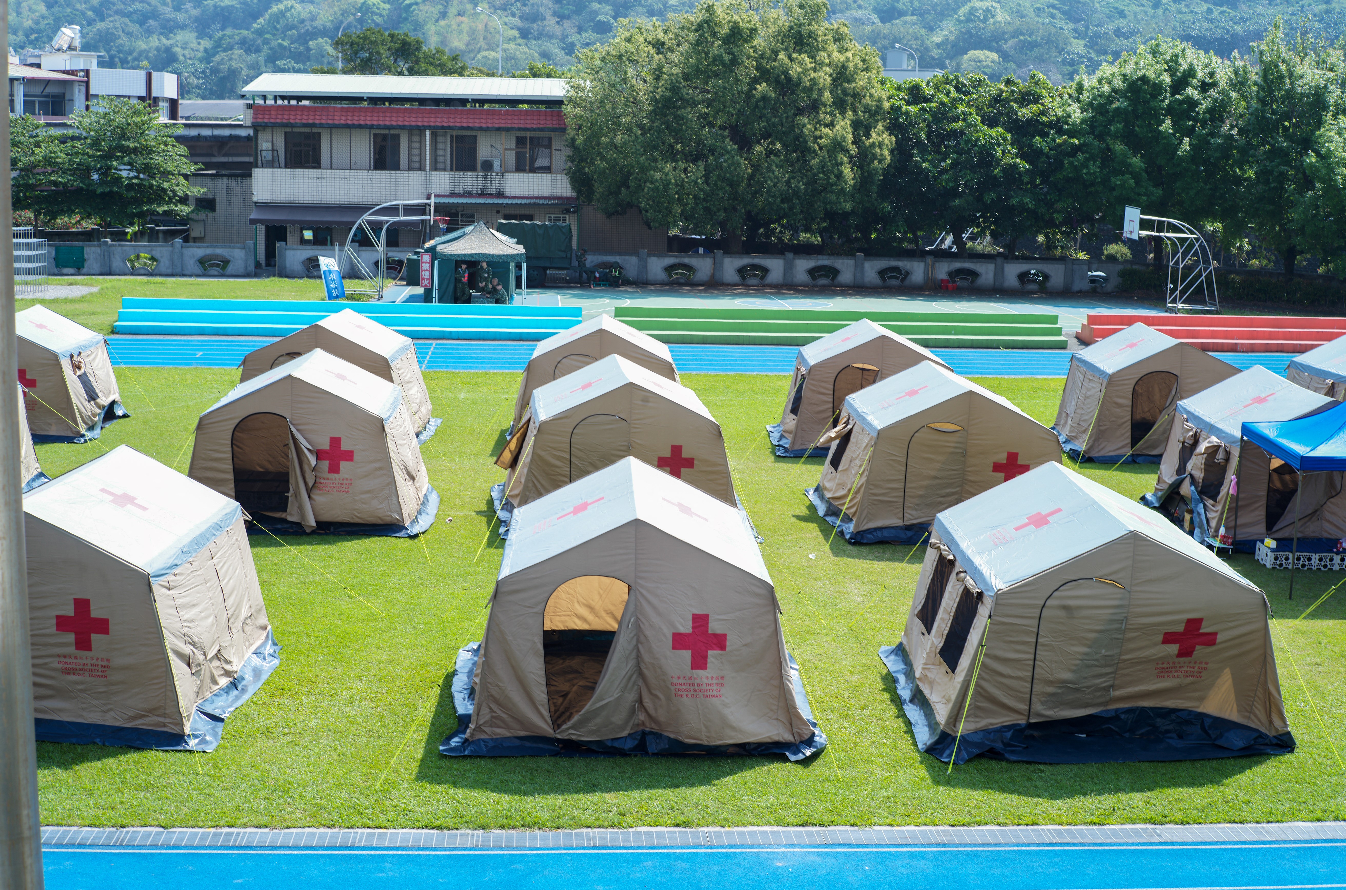 Tents for local residents evacuated following an earthquake are seen at a temporary center in Hualien, Taiwan, on April 4.