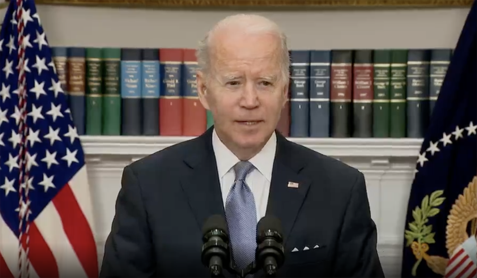 US President Joe Biden speaking from the White House in Washington D.C on April 21