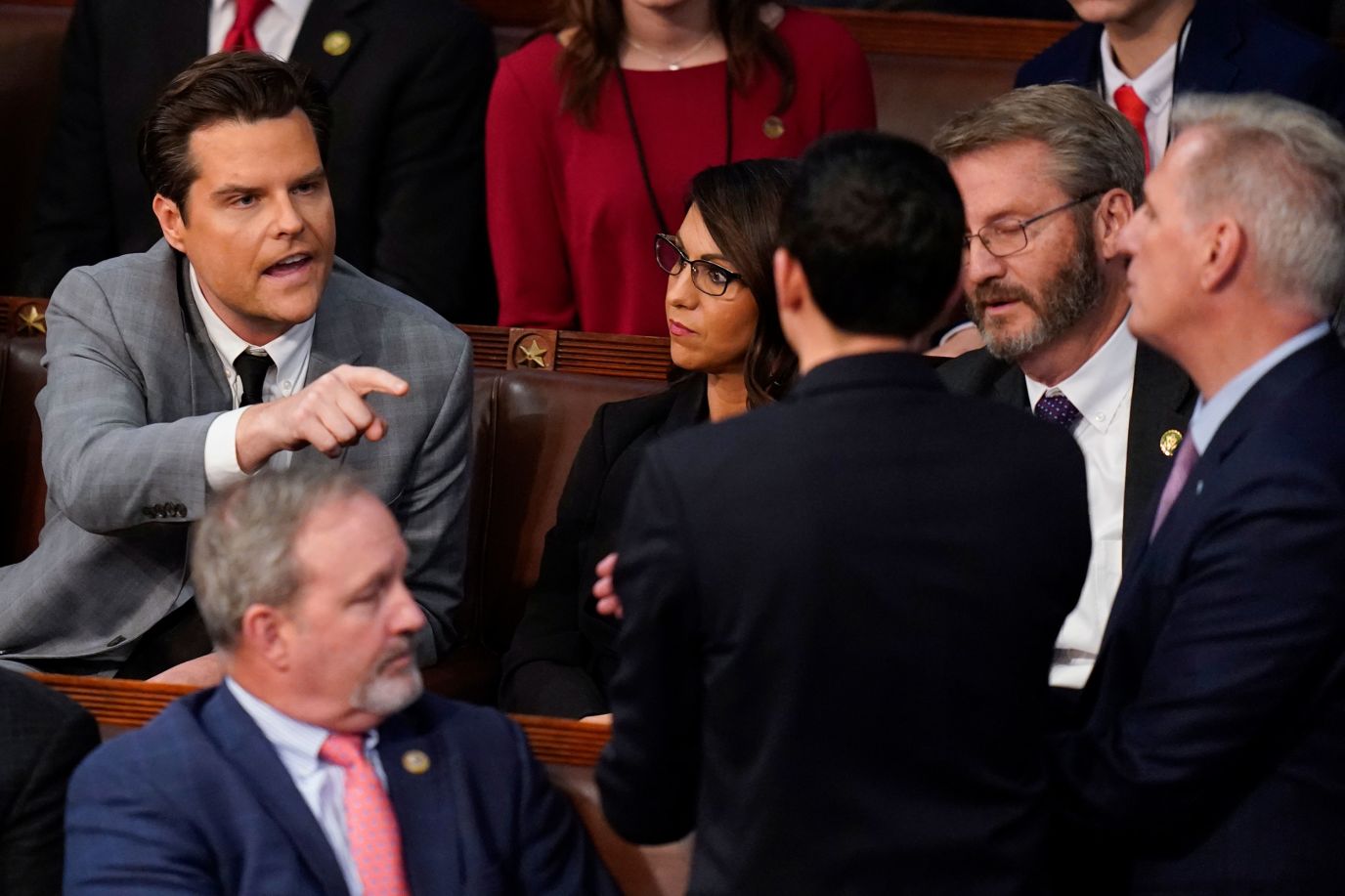 US Rep. Matt Gaetz, a Republican from Florida, points at Kevin McCarthy after McCarthy confronted him over his "present" vote on the 14th ballot Friday. 