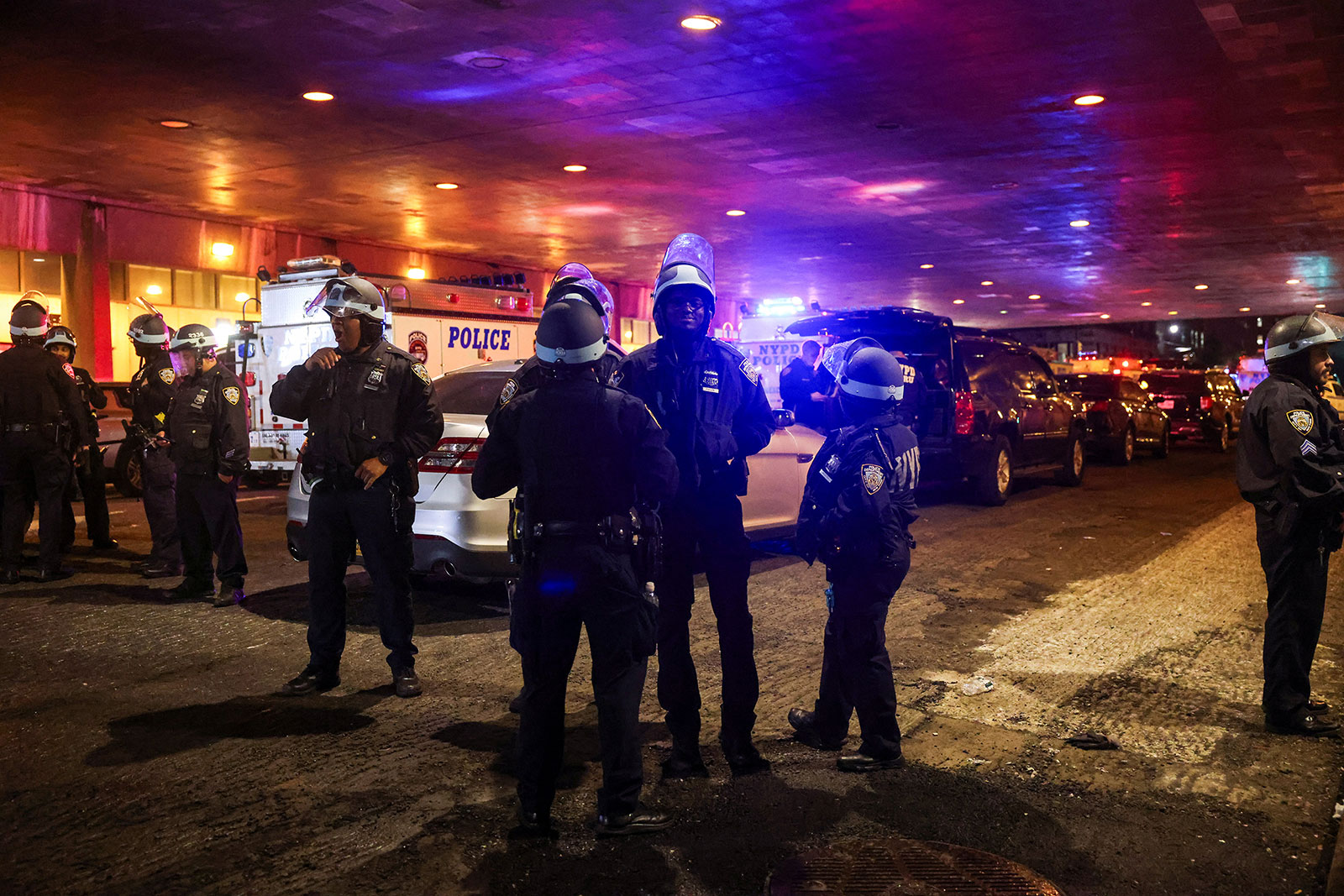 NYPD officers stand by on closed streets surrounding Columbia University on Tuesday, April 30.