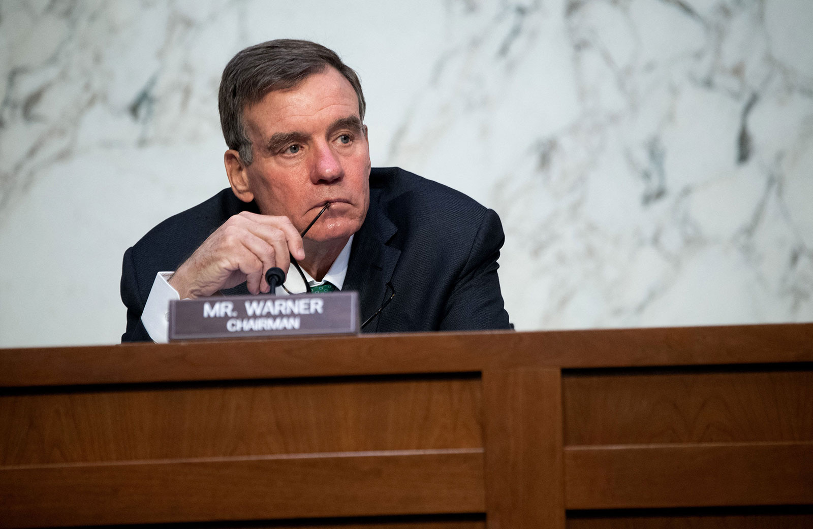 US Senate Intelligence Committee Chairman Mark Warner holds a hearing on Capitol Hill in Washington, DC in April 2021. 