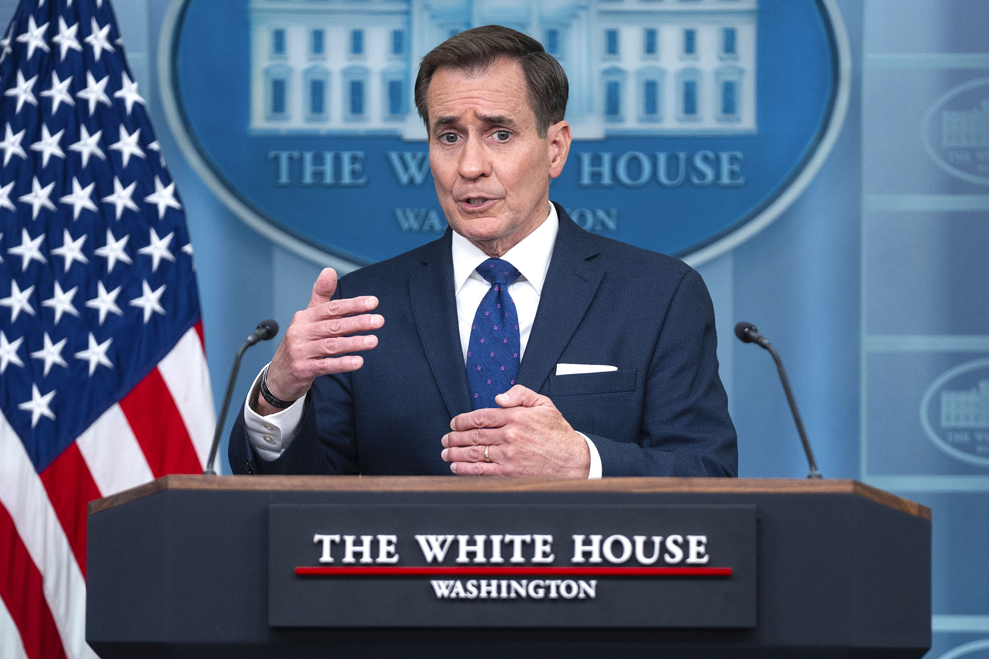 White House national security communications adviser John Kirby speaks during a press briefing at the White House, on April 4.