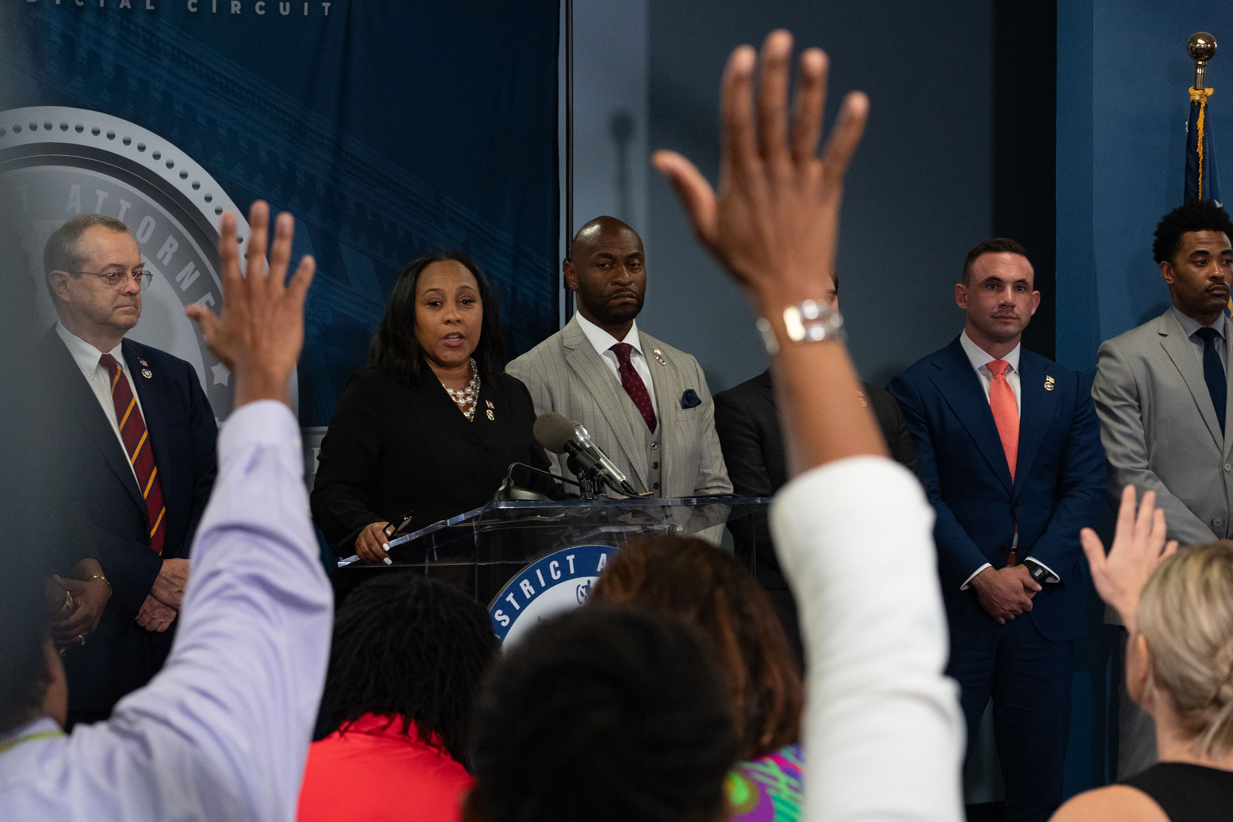 Fulton County District Attorney Fani Willis speaks during a news conference at the Fulton County Government building on August 14, 2023 in Atlanta. 