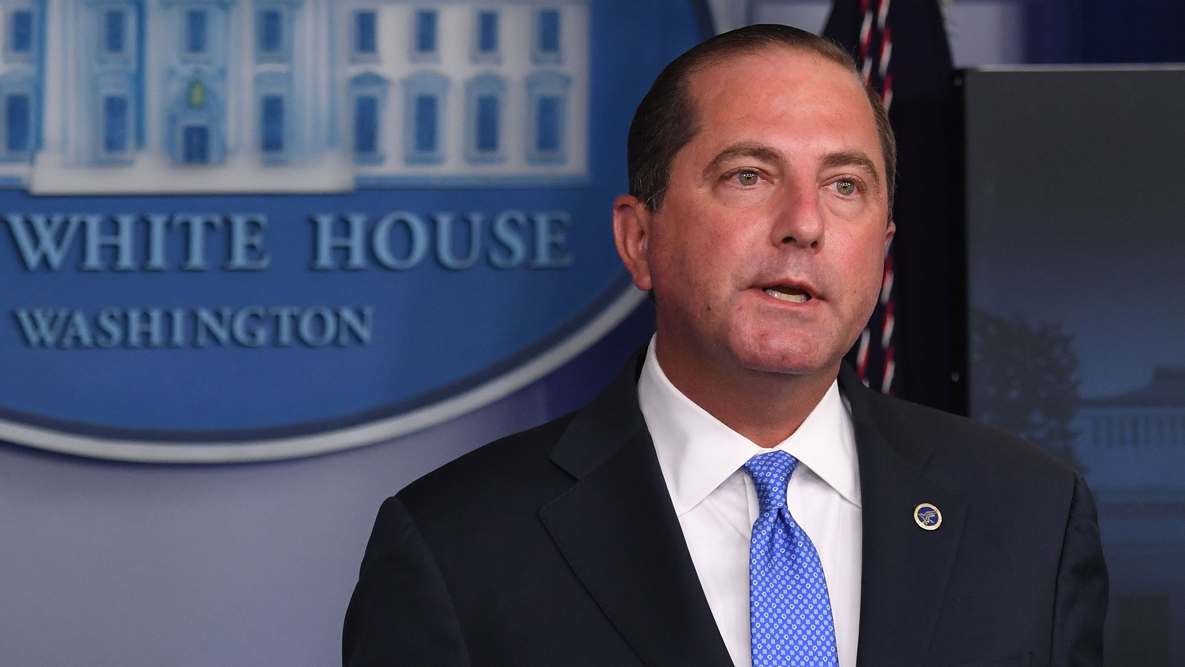 Health and Human Services Secretary Alex Azar speaks during a press conference at the White House on August 23 in Washington, DC