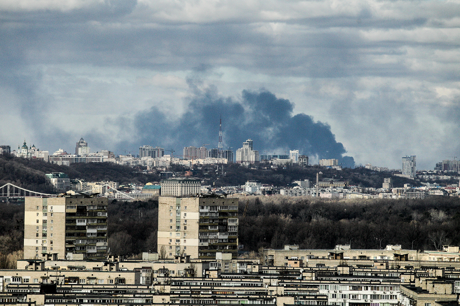 Smoke rises over the Kyiv skyline on February 27.