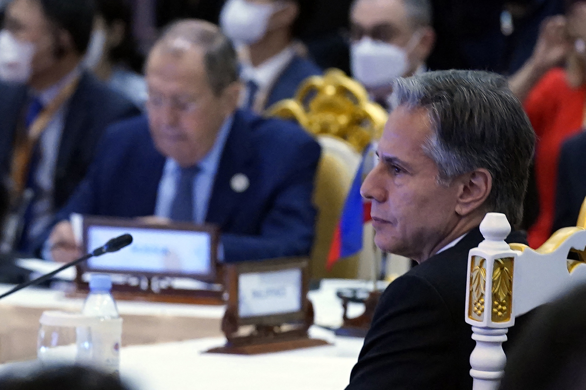 US Secretary of State Antony Blinken, right and Russia's Foreign Minister Sergey Lavrov, left, attend the East Asia Summit Foreign Ministers meeting during the 55th ASEAN Foreign Ministers' Meeting in Phnom Penh on August 5.