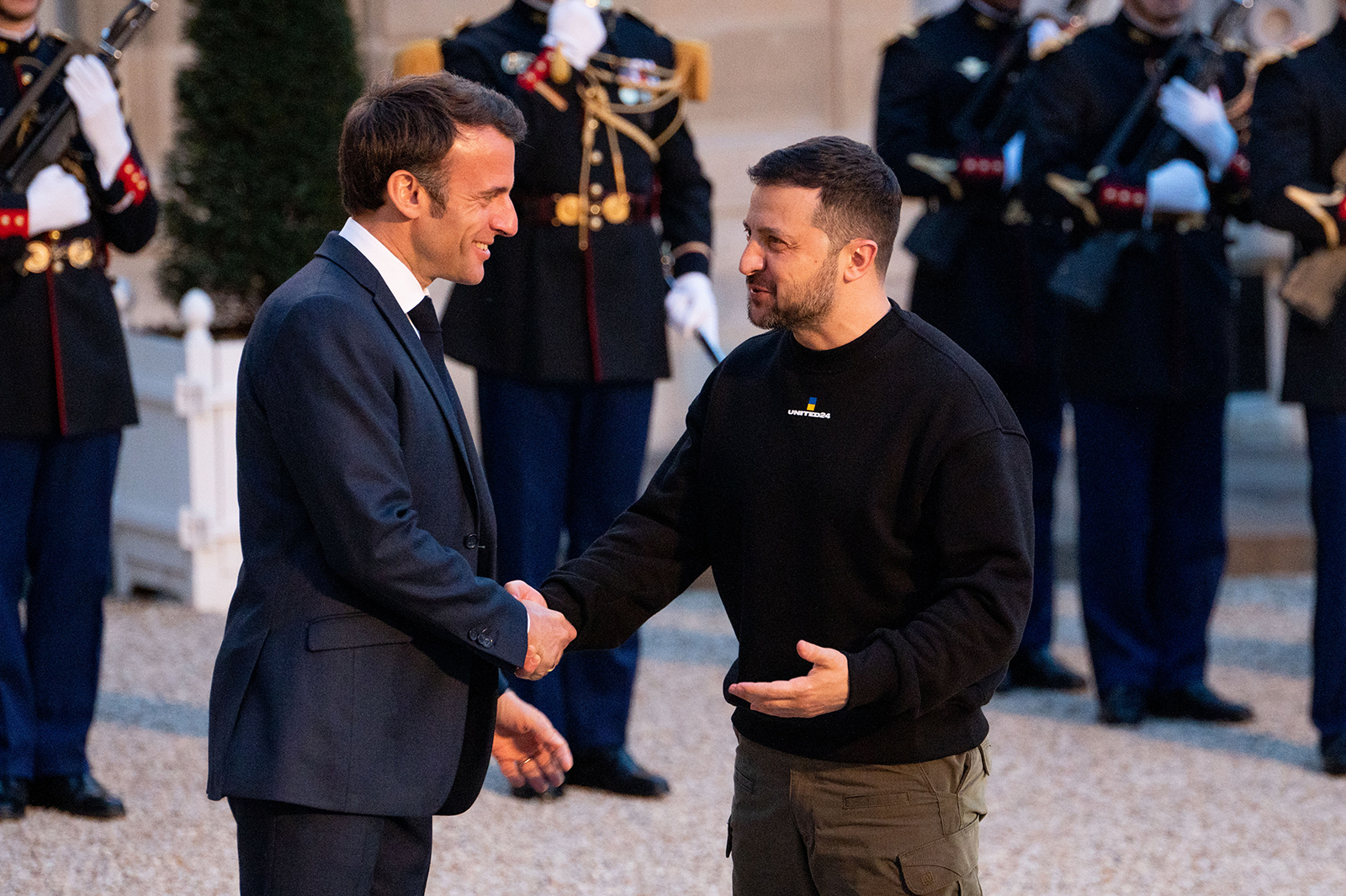 Emmanuel Macron greets Volodymyr Zelenskiy ahead of a meeting at the Elysee Palace in Paris, France, on Sunday, May 14.