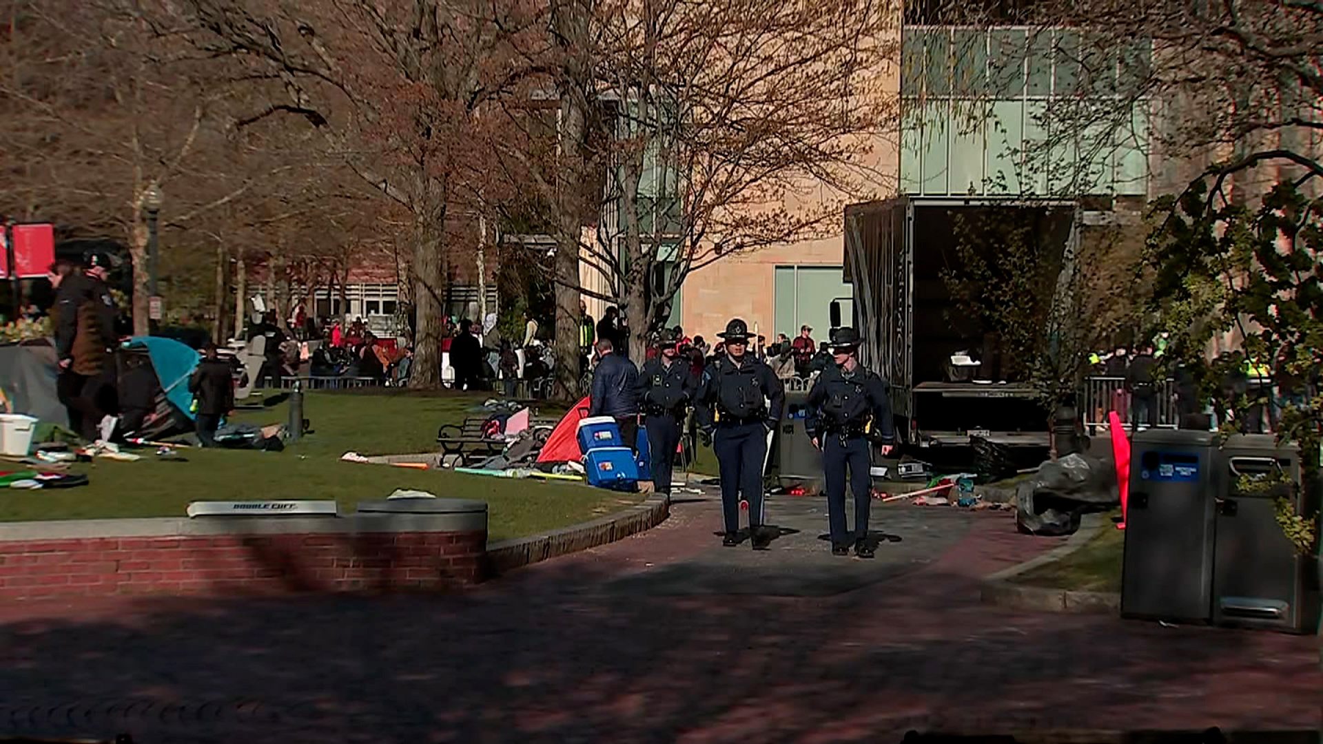 Police clear an encampment on Northeastern University's campus in Boston on Saturday morning. 