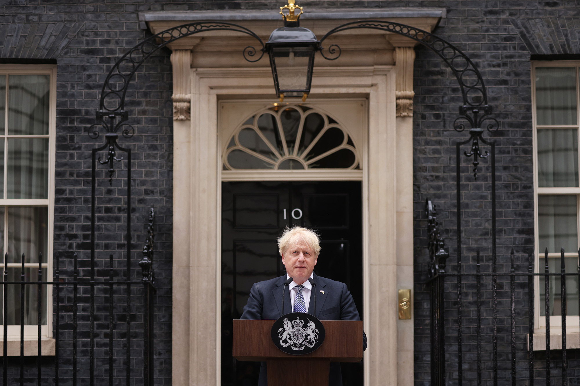 Prime Minister Boris Johnson addresses the nation as he announces his resignation outside 10 Downing Street in London, England, on July 7.