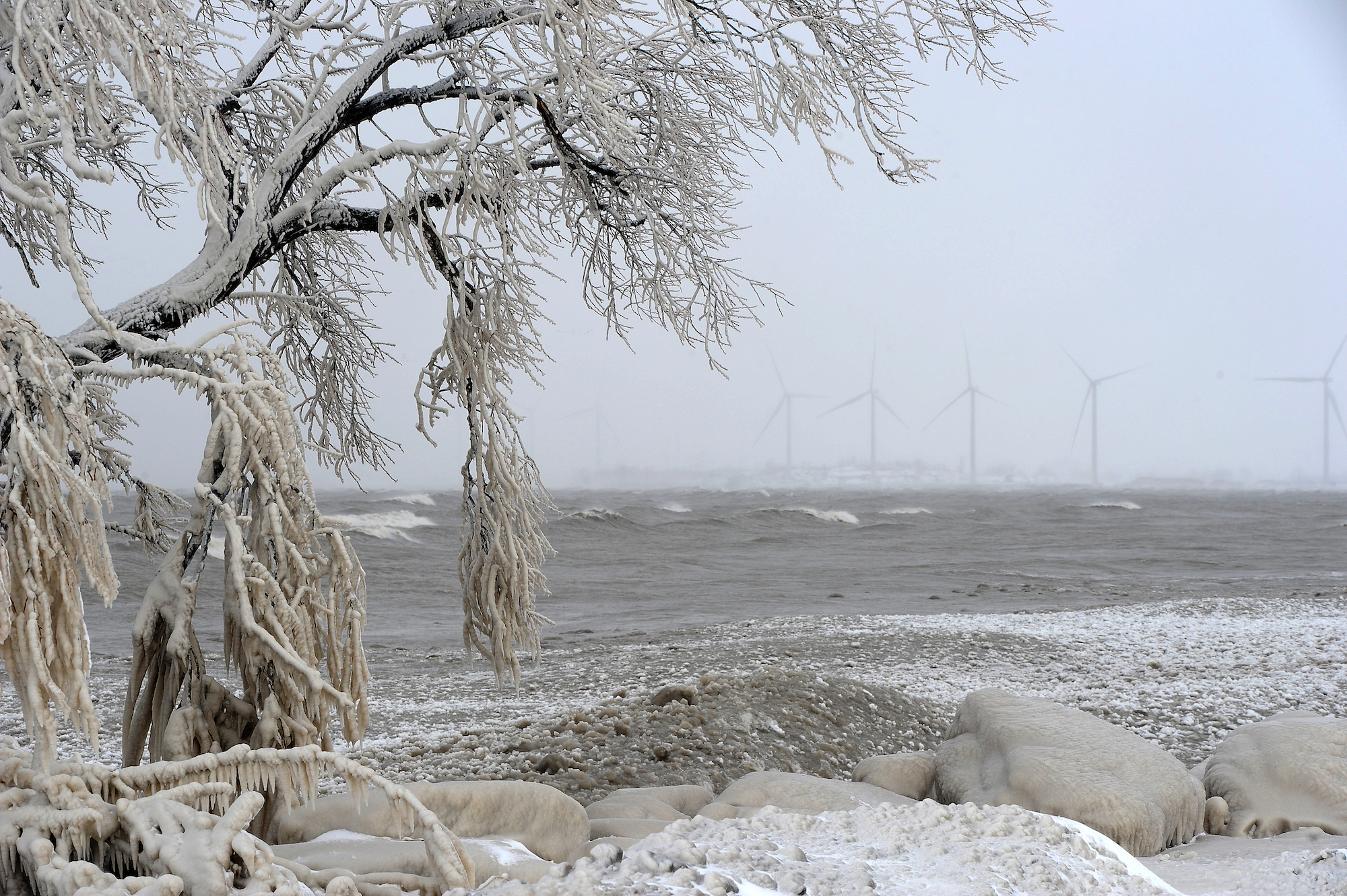 Ice covers the Lake Erie shoreline in Hamburg, New York, on Saturday.