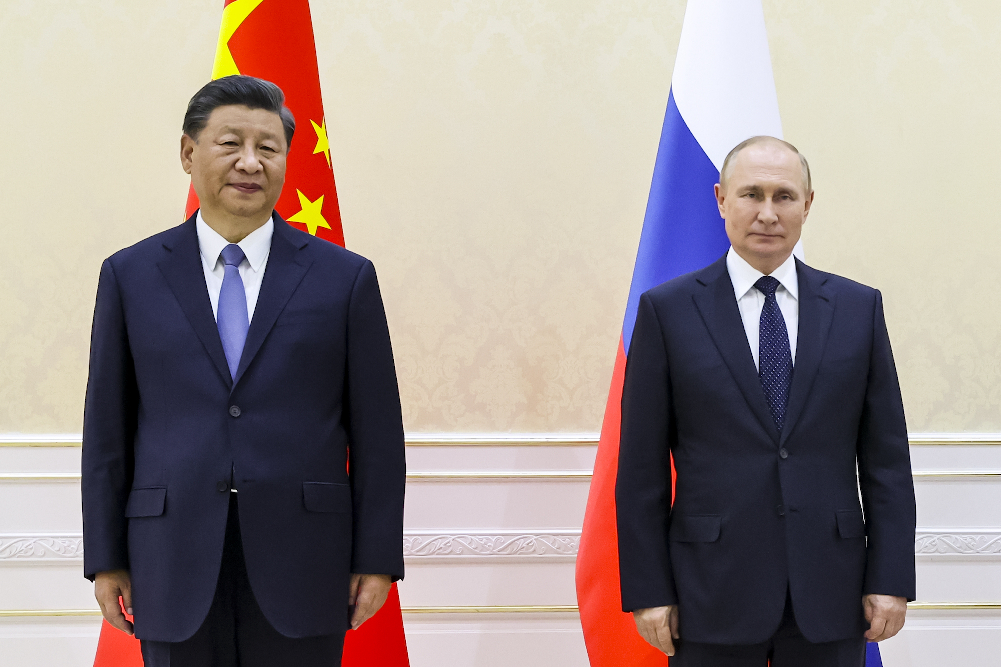 Chinese President Xi Jinping, left, and Russian President Vladimir Putin at the Shanghai Cooperation Organization (SCO) summit in Samarkand, Uzbekistan on Thursday, Sept. 15.