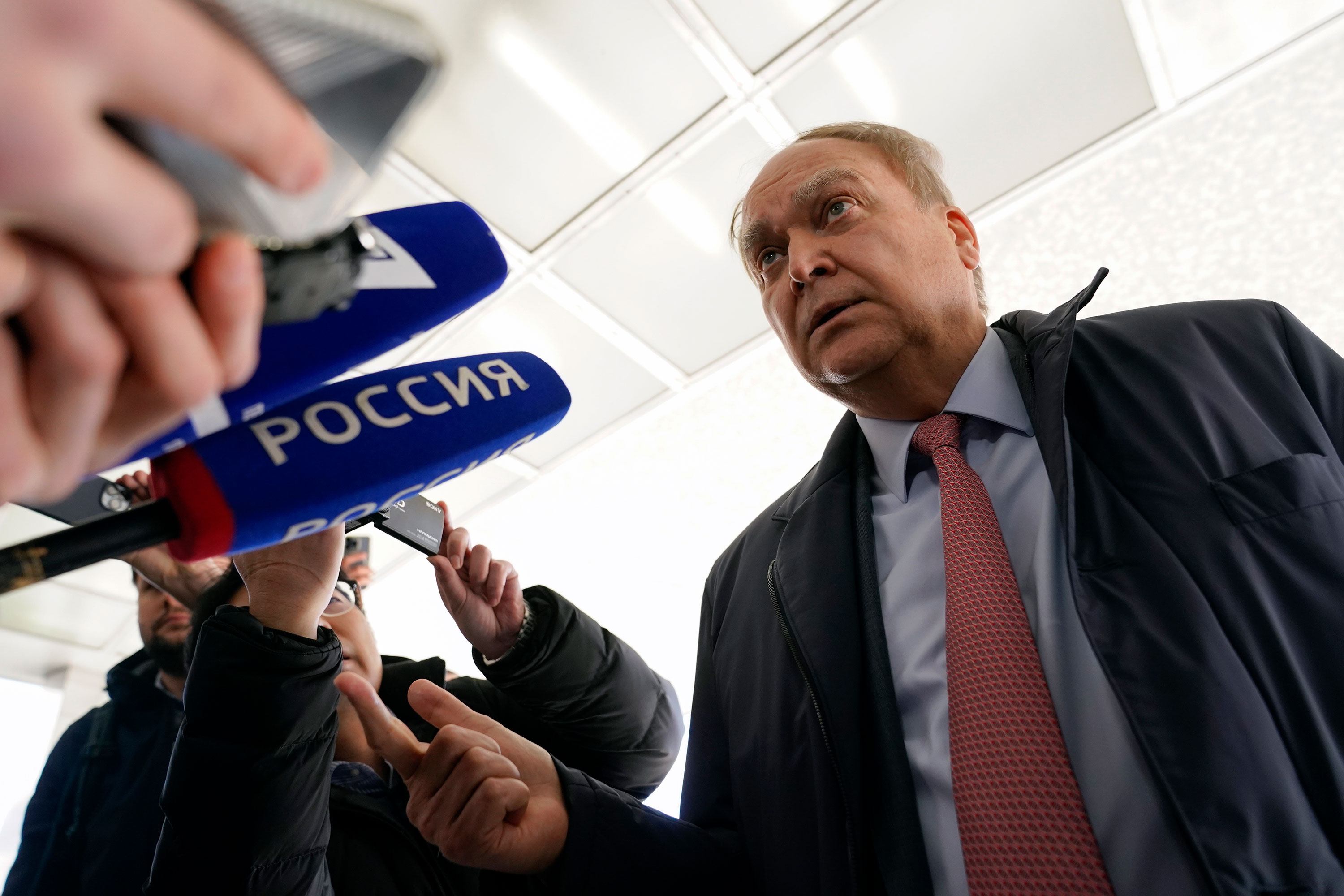 The Russian Ambassador to the United States, Anatoly Antonov, speaks with reporters after meeting with Assistant Secretary of State for Europe Karen Donfried at the US State Department in Washington, DC, on March 14. 