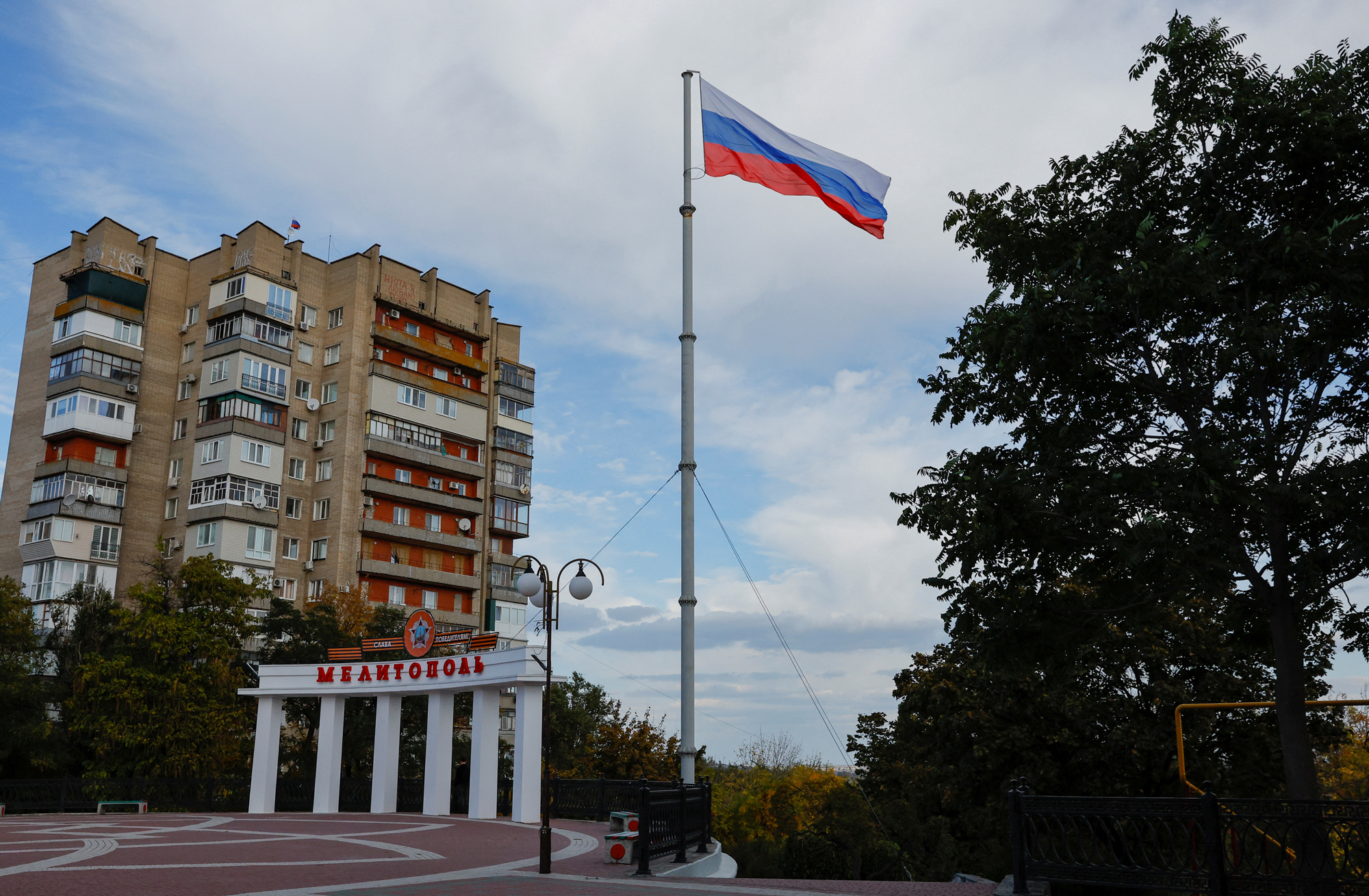 A Russia flag flies in the city of Melitopol, on October 13.