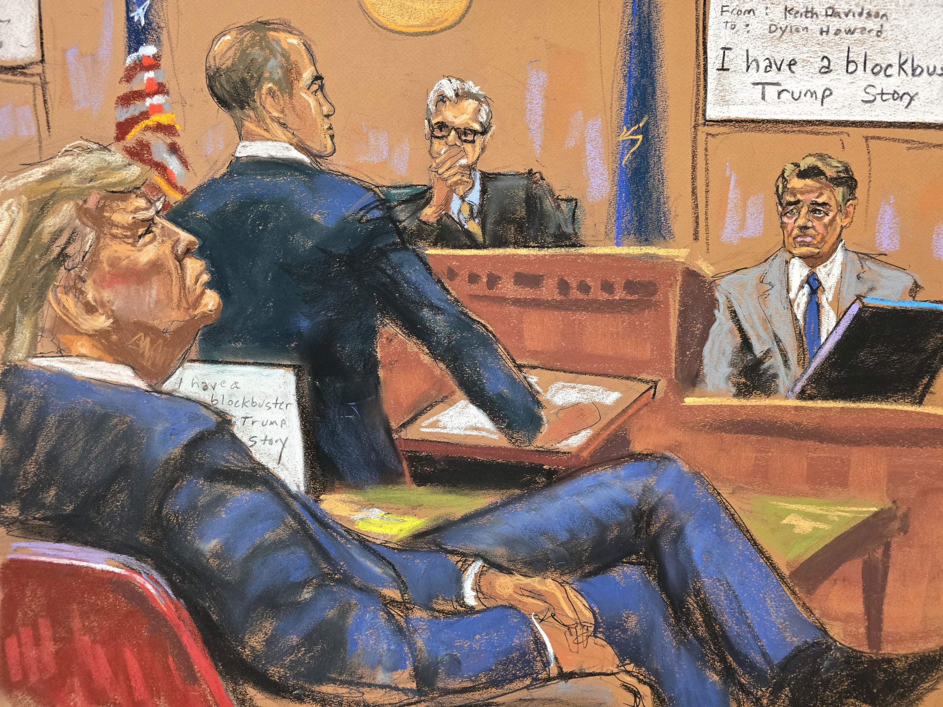 In this courtroom sketch, prosecutors ask Keith Davidson another round of questions after the defense completed cross-examination on Thursday, May 2. 