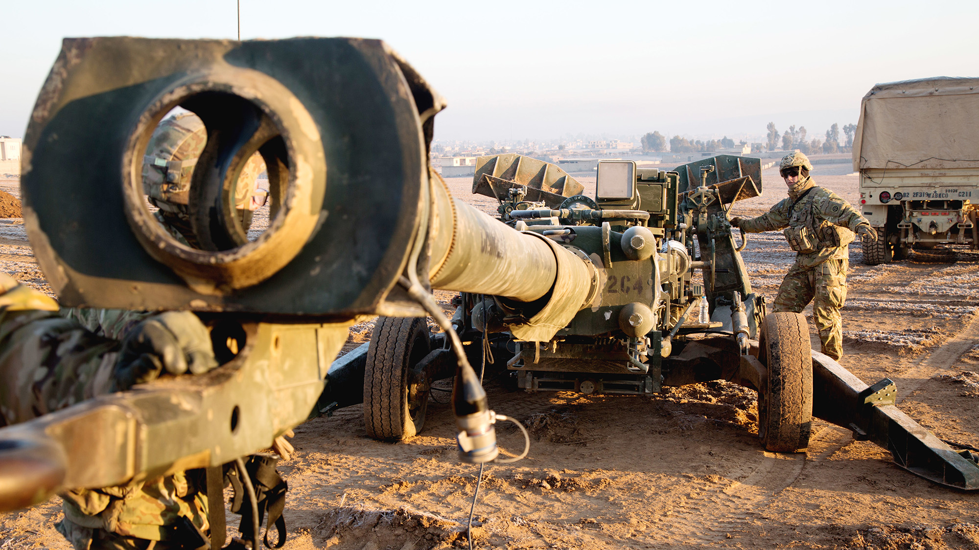A M777 towed 155 mm howitzer is placed in its firing position near Mosul, Iraq on February 3, 2017.