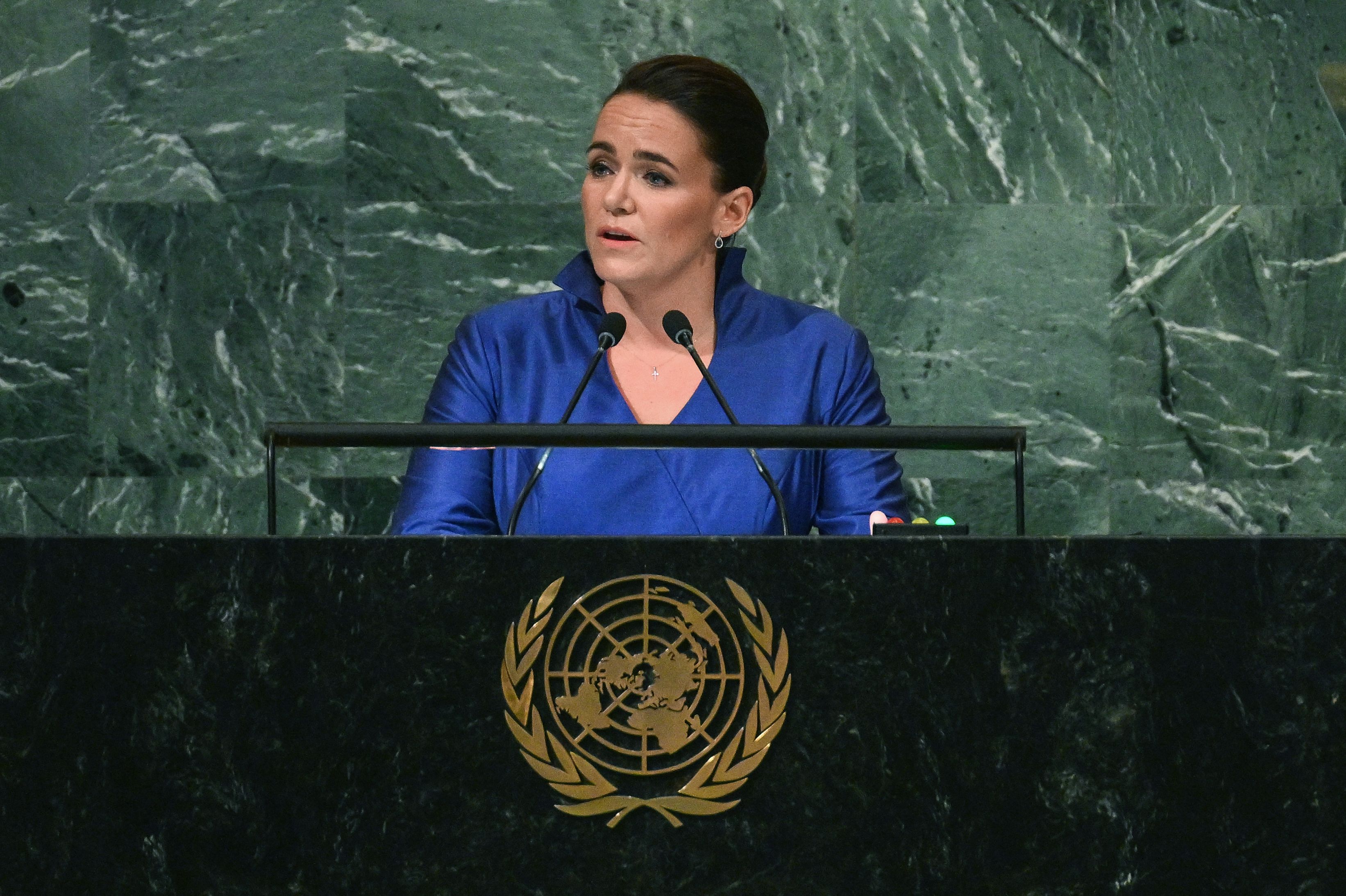 Hungarian President Katalin Novák addresses the United Nations General Assembly.
