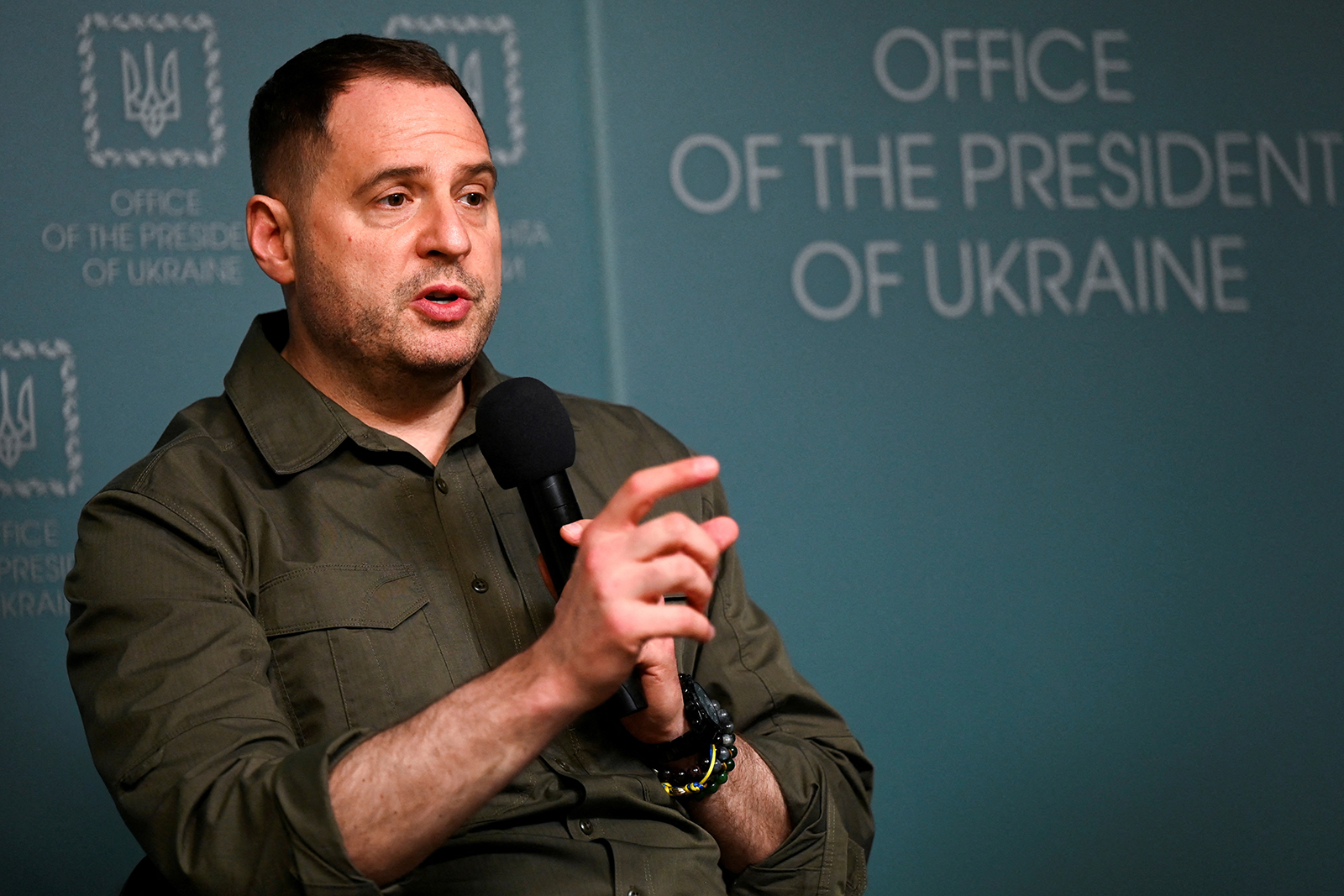 Andriy Yermak speaks during a press conference in Kyiv, Ukraine on June 29.