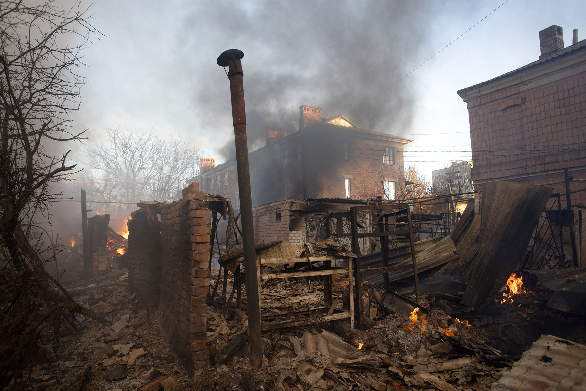 A building burns after shelling in Bakhmut, Donetsk region, on December 4.
