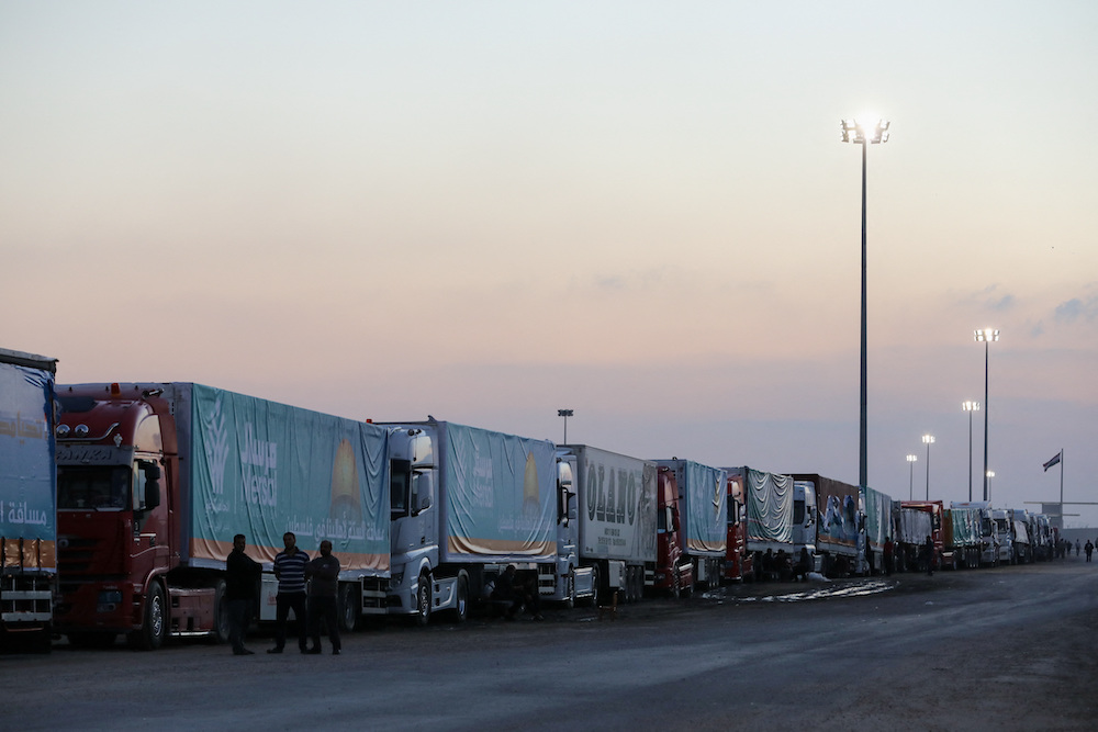 Trucks line up near the Rafah border crossing between Egypt and the Gaza Strip on Thursday.