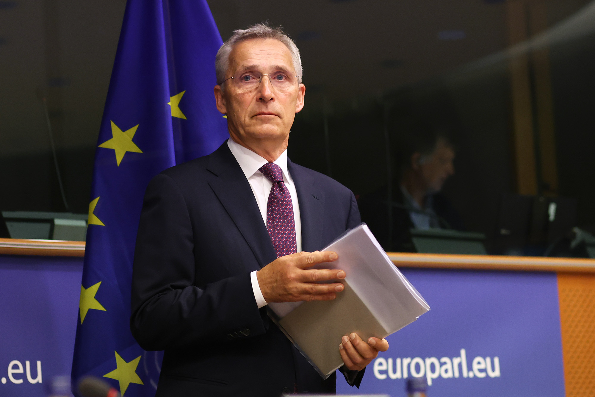 NATO Secretary General Jens Stoltenberg attends a hearing by the European Parliament Committee on Foreign Affairs and the Subcommittee on Security and Defence in Brussels, Belgium, on September 7.