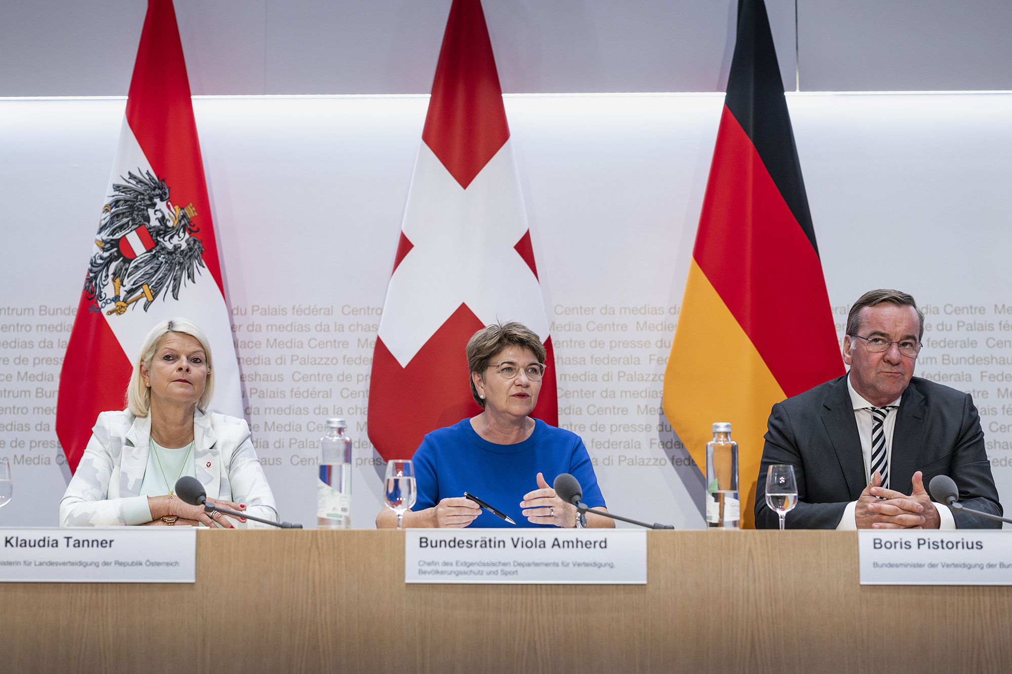 German Minister of Defence Boris Pistorius, right, Swiss Federal Councillor Viola Amherd, center, and Austrian Federal Minister of Defence, Klaudia Tanner attend D-A-CH (Germany, Austria and Switzerland) Defence Ministers meeting in Bern, Switzerland, on July 7.