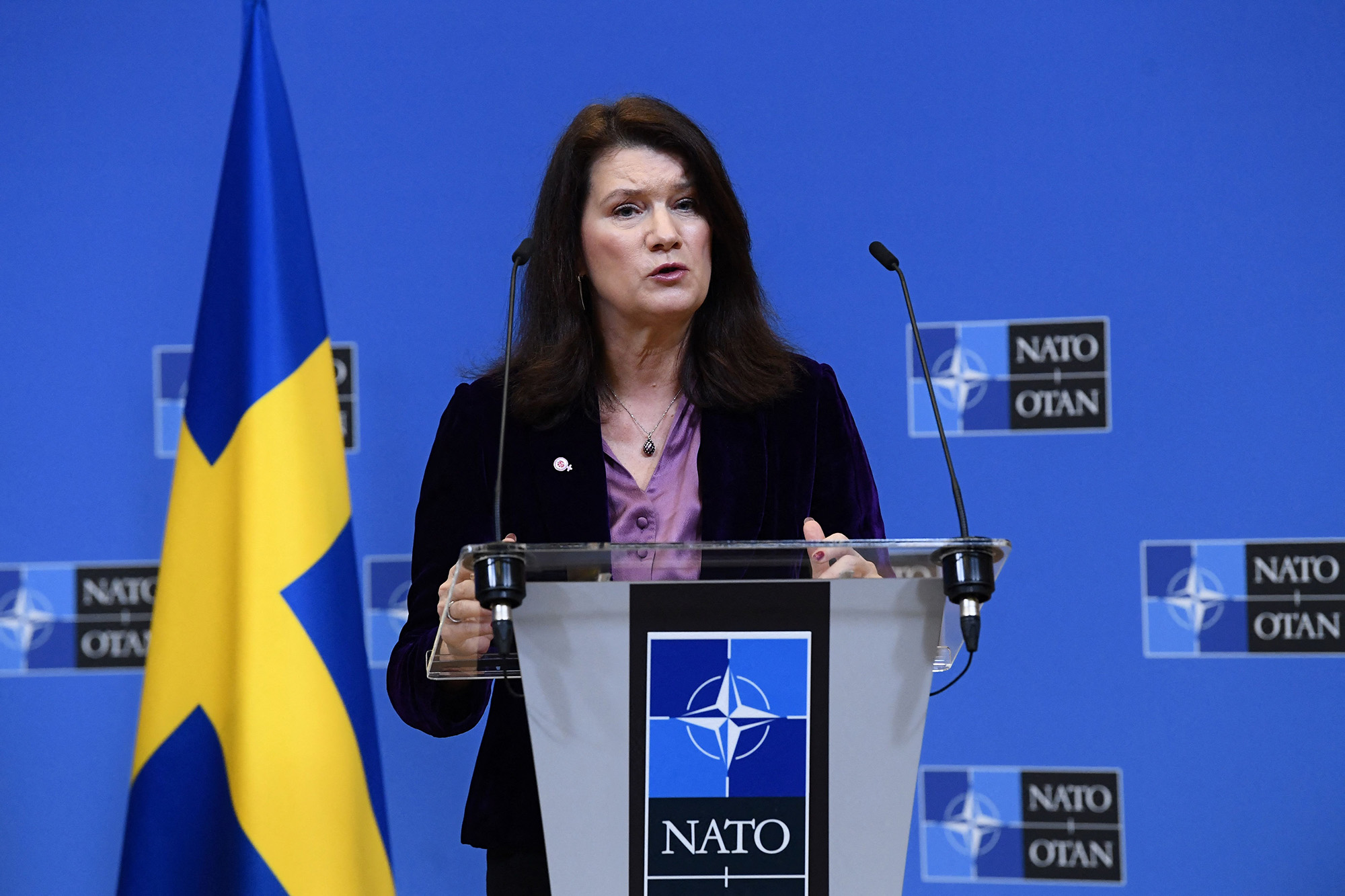 Sweden Foreign minister Ann Linde talks during a press conference at the Nato headquarters in Brussels, Belgium, on January 24.