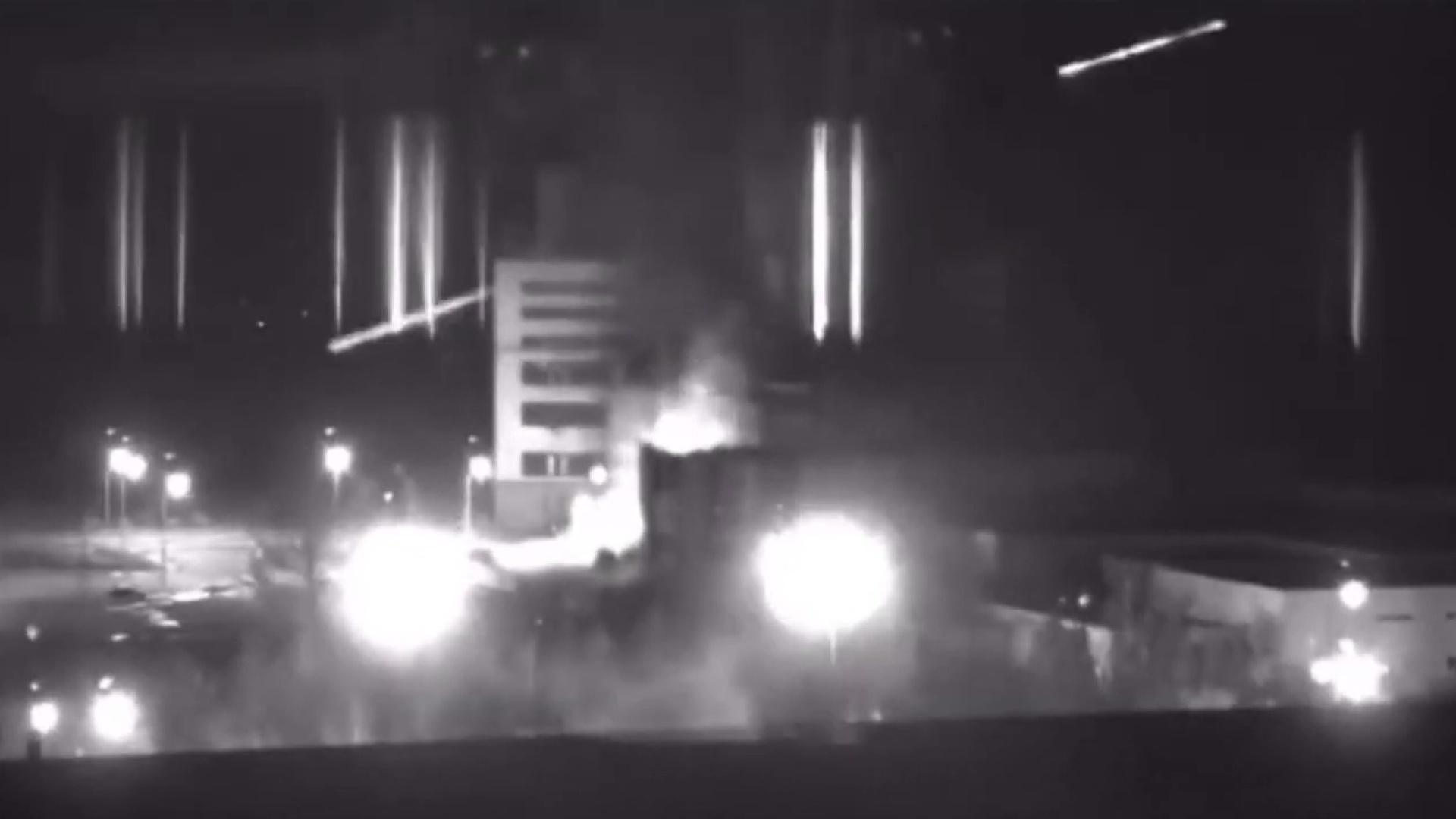 A screen grab captured from a video shows a view of Zaporizhzhia nuclear power plant during a fire following clashes around the site in Ukraine on March 4.