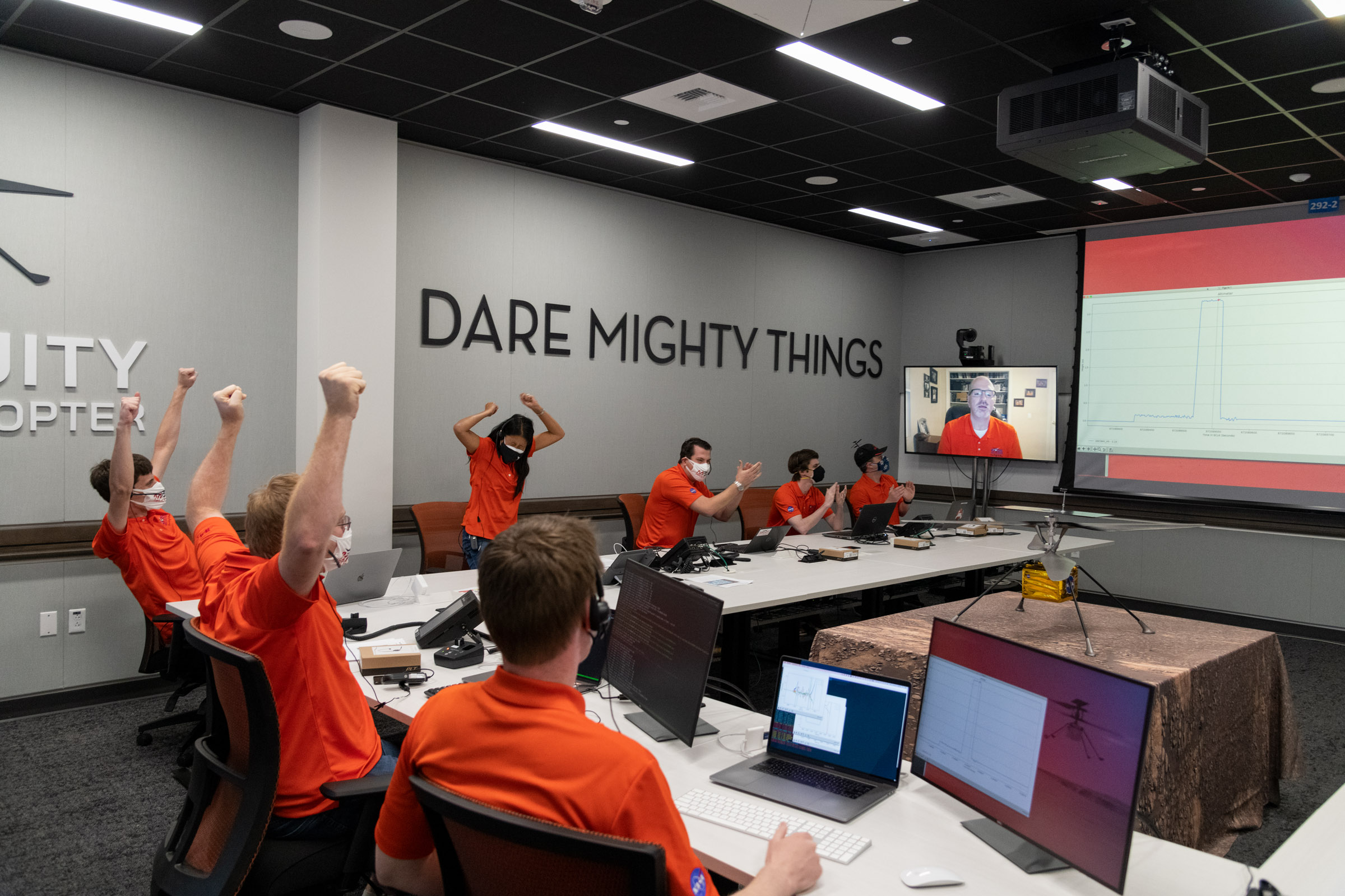 Members of NASA’s Ingenuity helicopter team in the Space Flight Operations Facility at NASA’s Jet Propulsion Laboratory react to data showing that the helicopter completed its first flight on April 19.