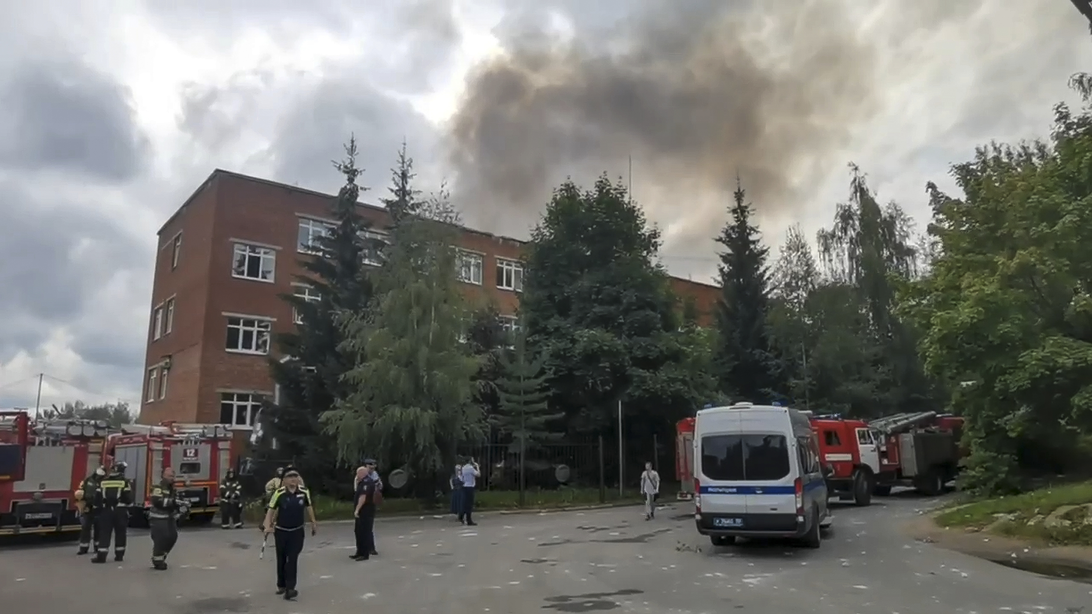 Smoke rises from the Zagorsk Optical and Mechanical Plant in the city of Sergiev Posad, northeast of Moscow.