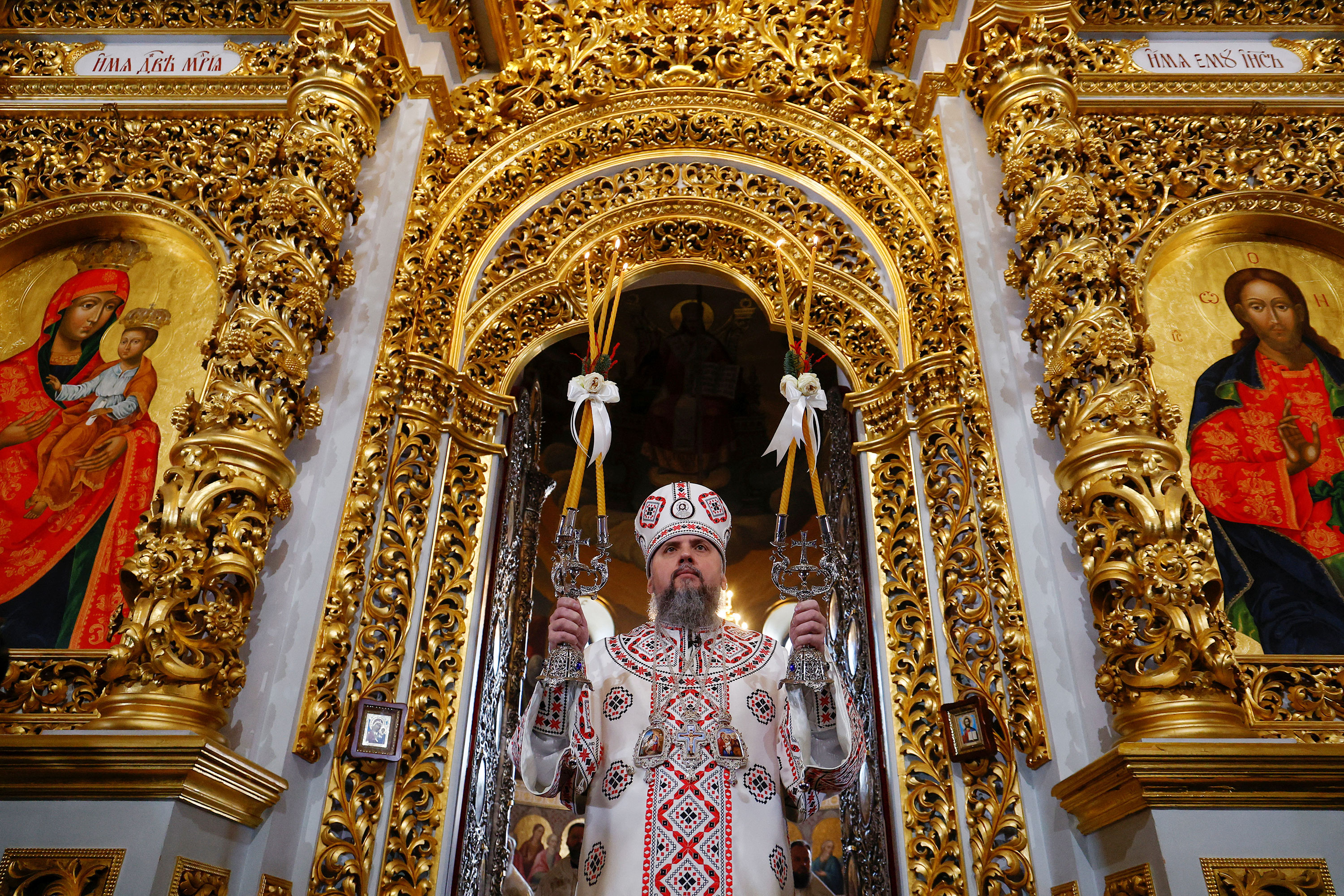 Metropolitan Epiphanius I, head of the Orthodox Church of Ukraine, leads a Christmas service inside the Holy Dormition Cathedral for the first time Saturday in Kyiv. The cathedral is part of the Kyiv-Pechersk Lavra monastery, which was under the control of the Russian-aligned Ukrainian Orthodox Church for decades. 