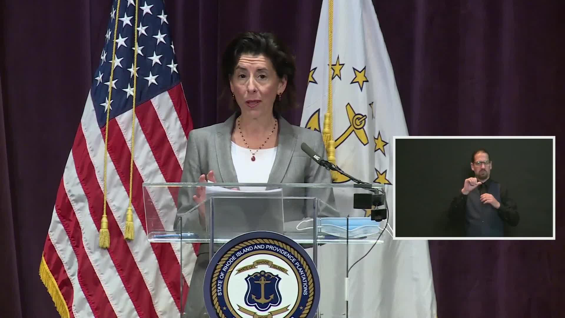 Rhode Island Gov. Gina Raimondo speaks during a press conference in Providence, Rhode Island, on May 20.
