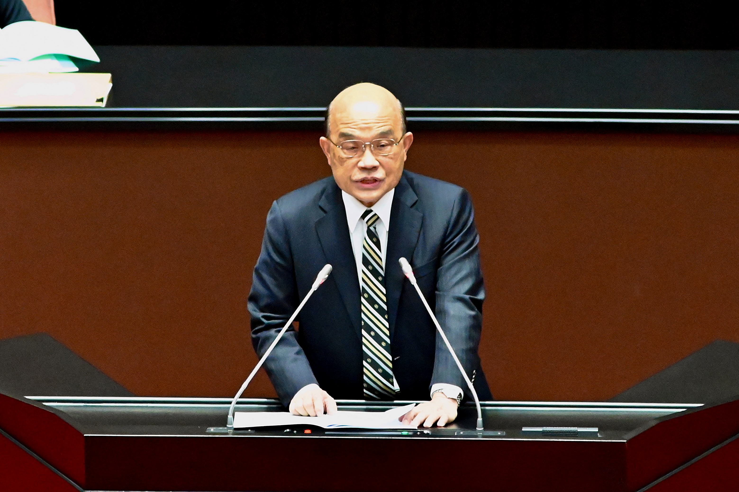 Taiwan's Premier Su Tseng-chang speaks during a session on the crisis between Russia and Ukraine, at the parliament in Taipei, Taiwan, on March 1.