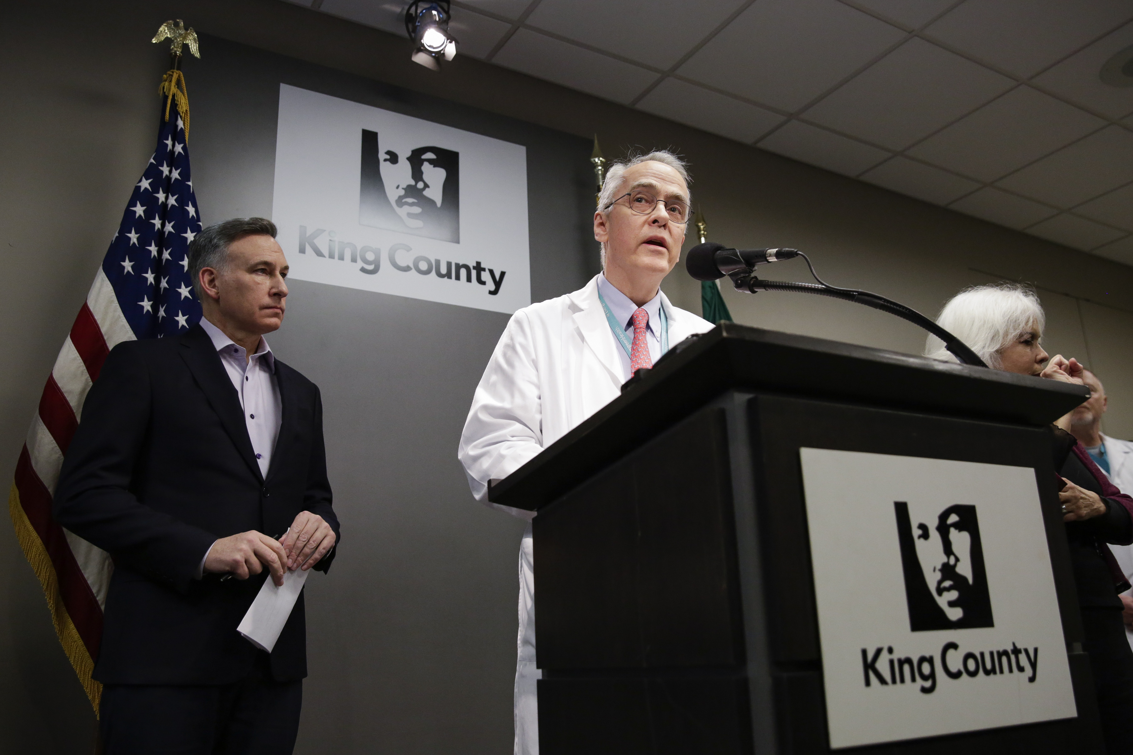 Frank Riedo, Medical Director of Infection Control at Evergreen Health Hospital, speaks at a press conference following the first death of a King County resident due to novel coronavirus on February 29. A second death was confirmed in King County on March 1.