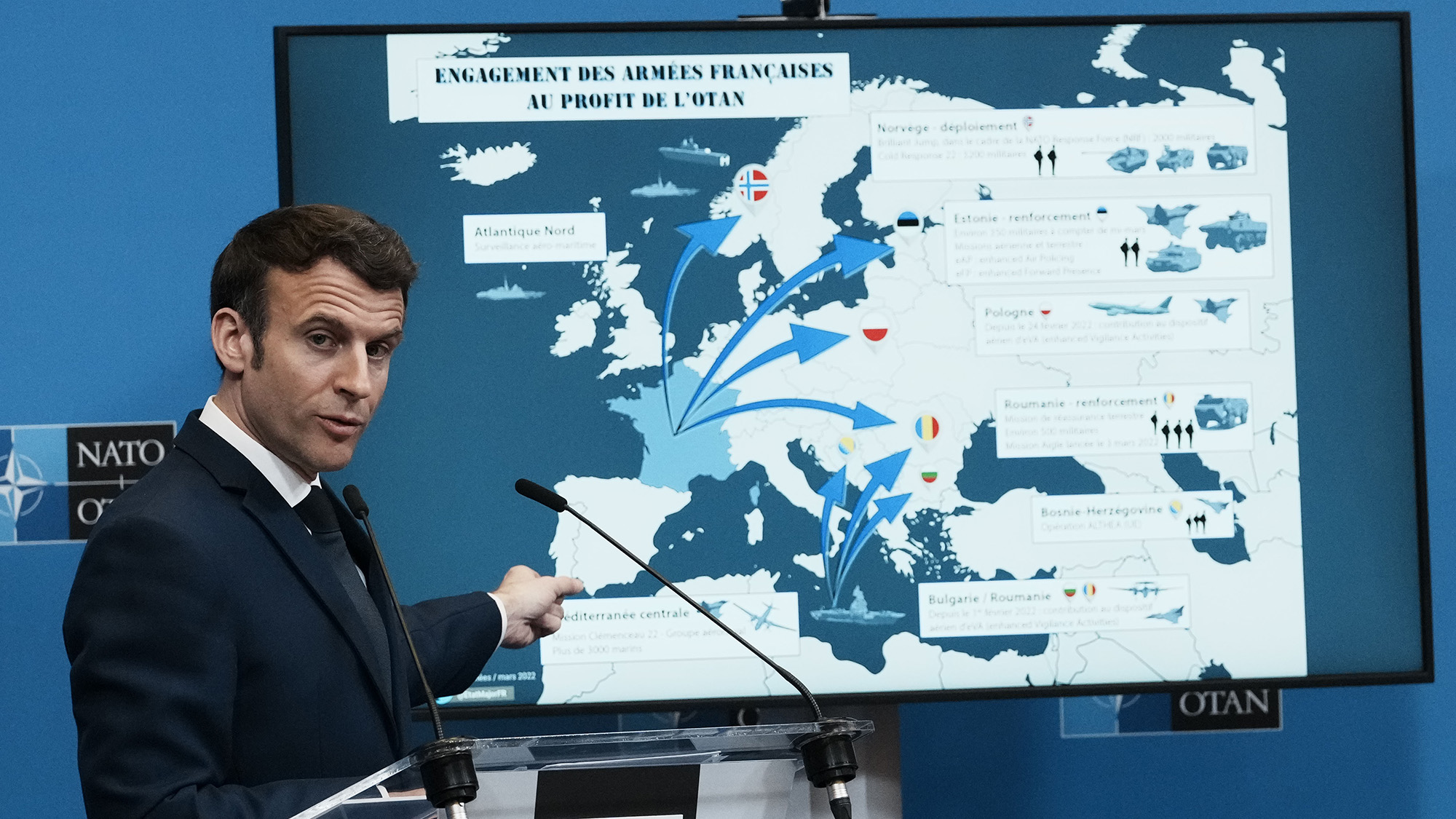 French President Emmanuel Macron speaks during a media conference, after an extraordinary NATO summit and Group of Seven meeting, at NATO headquarters in Brussels, Thursday, March 24.